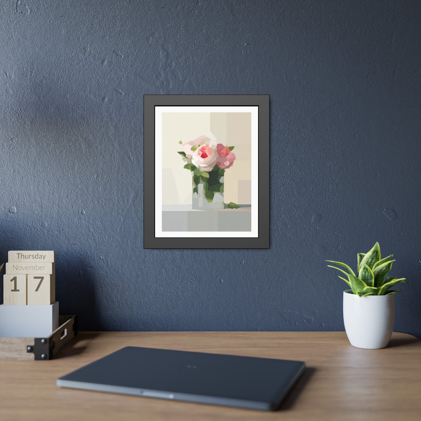 Framed Floral Poster — Geometric Pink Rose Wall Art