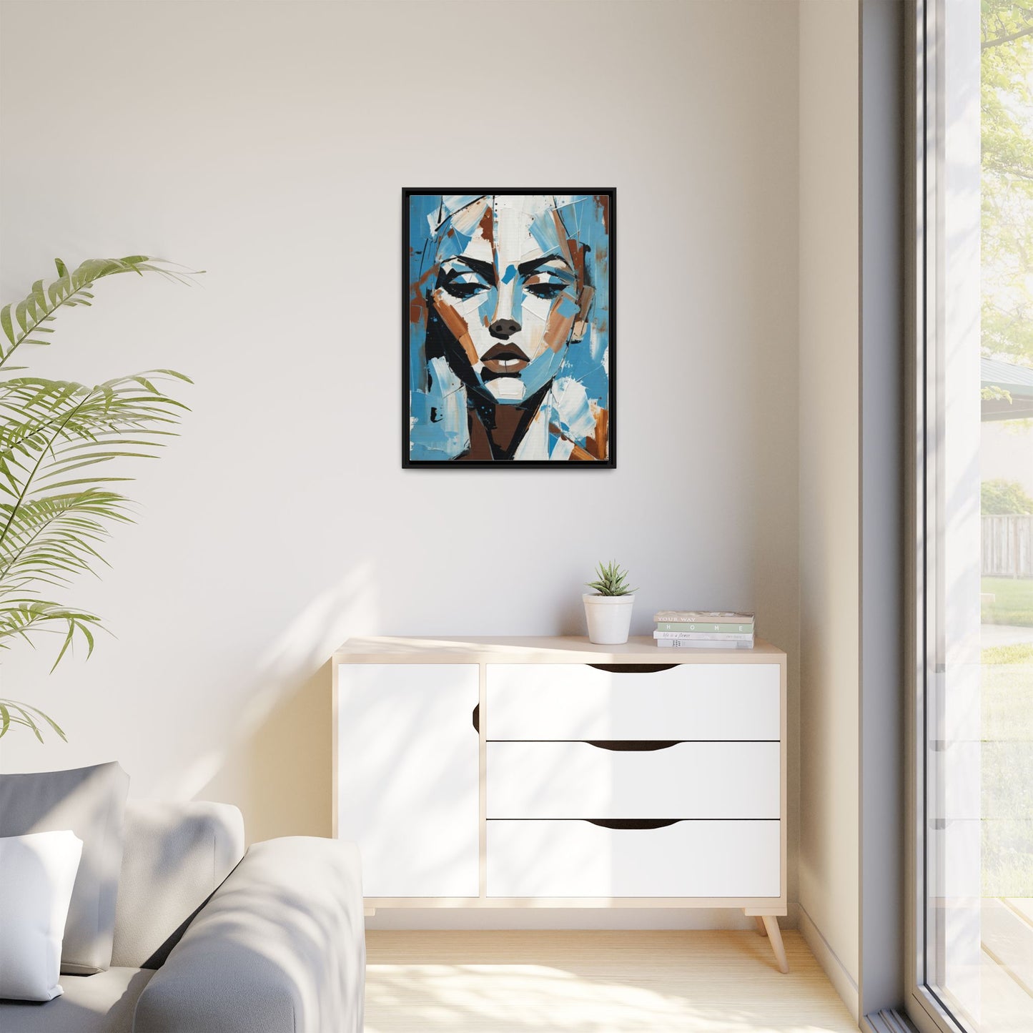 Abstract Blue Face Matte Canvas Wall Art — Framed Modern Portrait Print