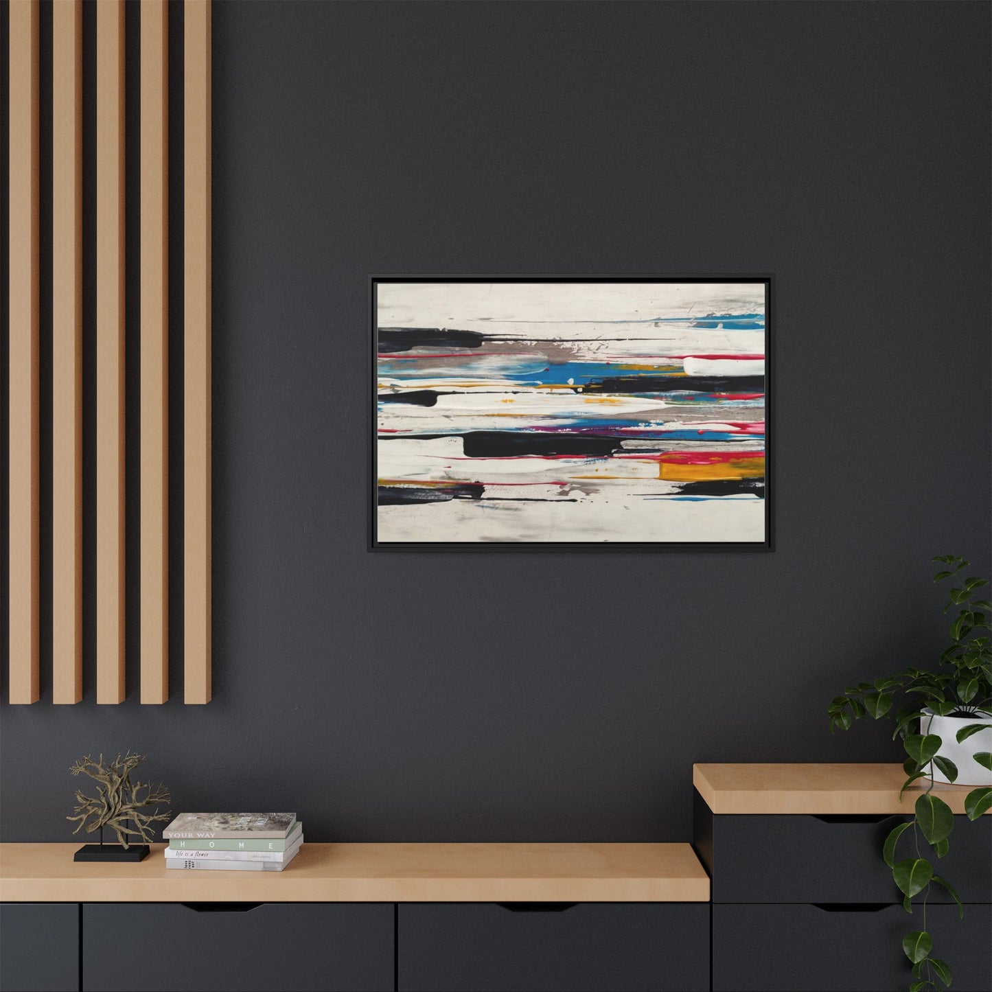 Abstract Multi-Color Framed Canvas Wall Art — Modern Horizontal Brushstroke Print