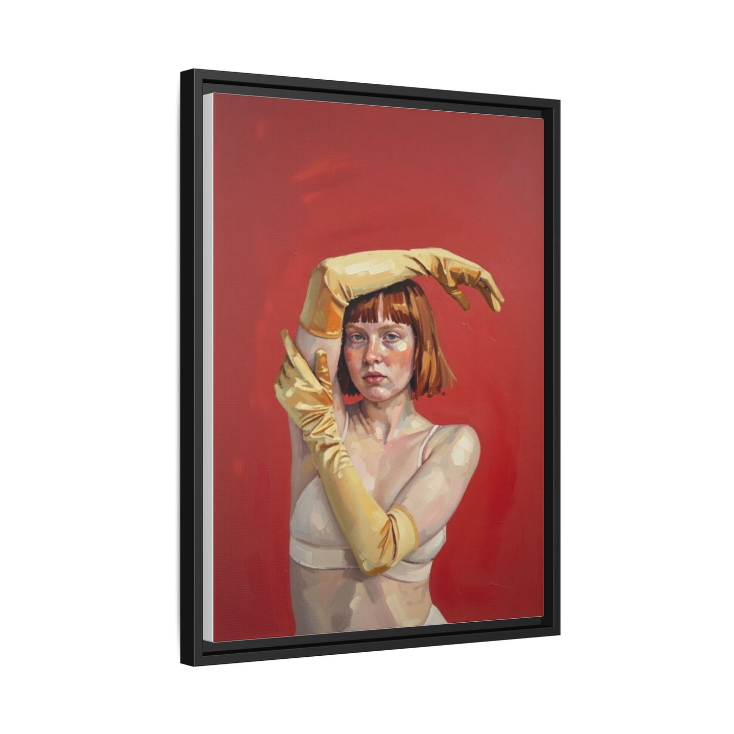 Framed Matte Canvas Art - Portrait of Woman in Yellow Gloves (Red Background)