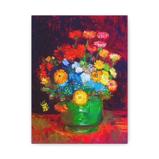Floral Still Life Canvas Print — Vibrant Bouquet in Green Vase