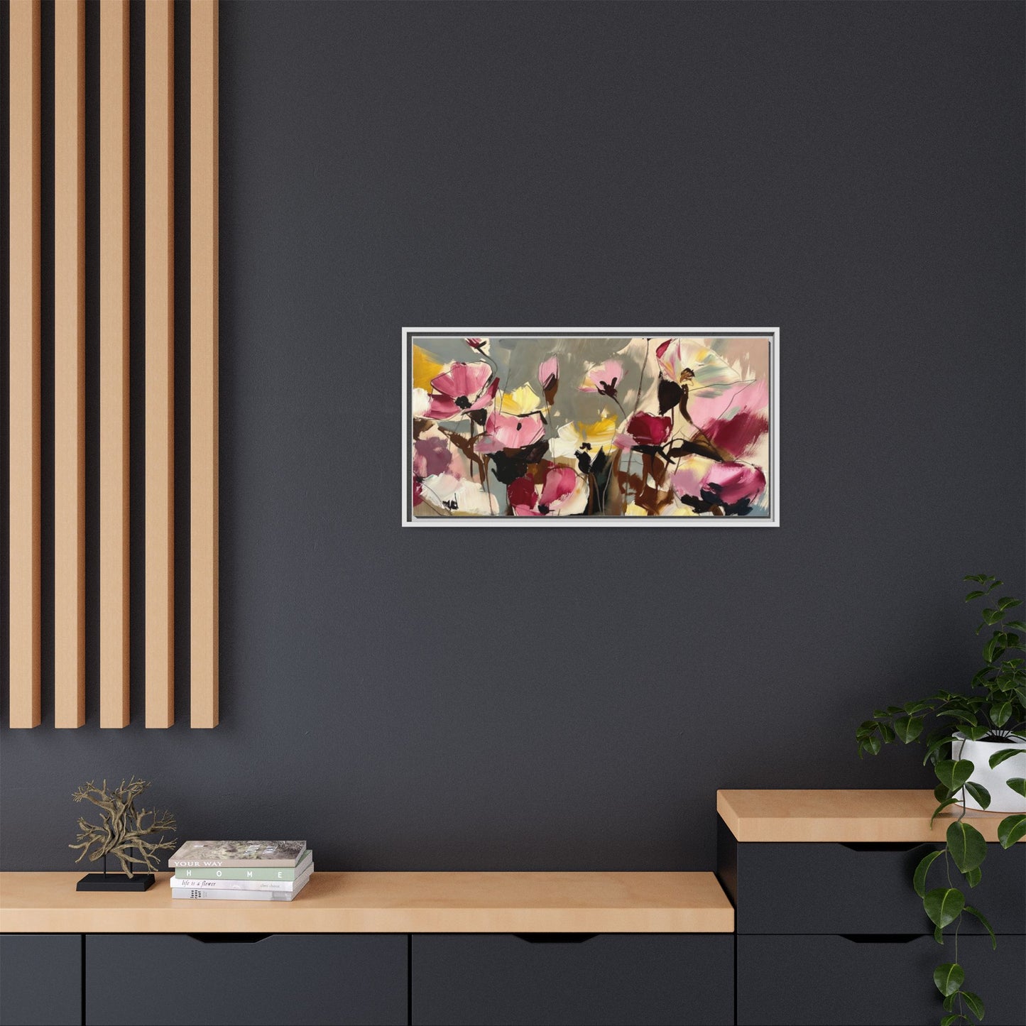 Framed Floral Canvas Wall Art — Abstract Pink & Yellow Flowers