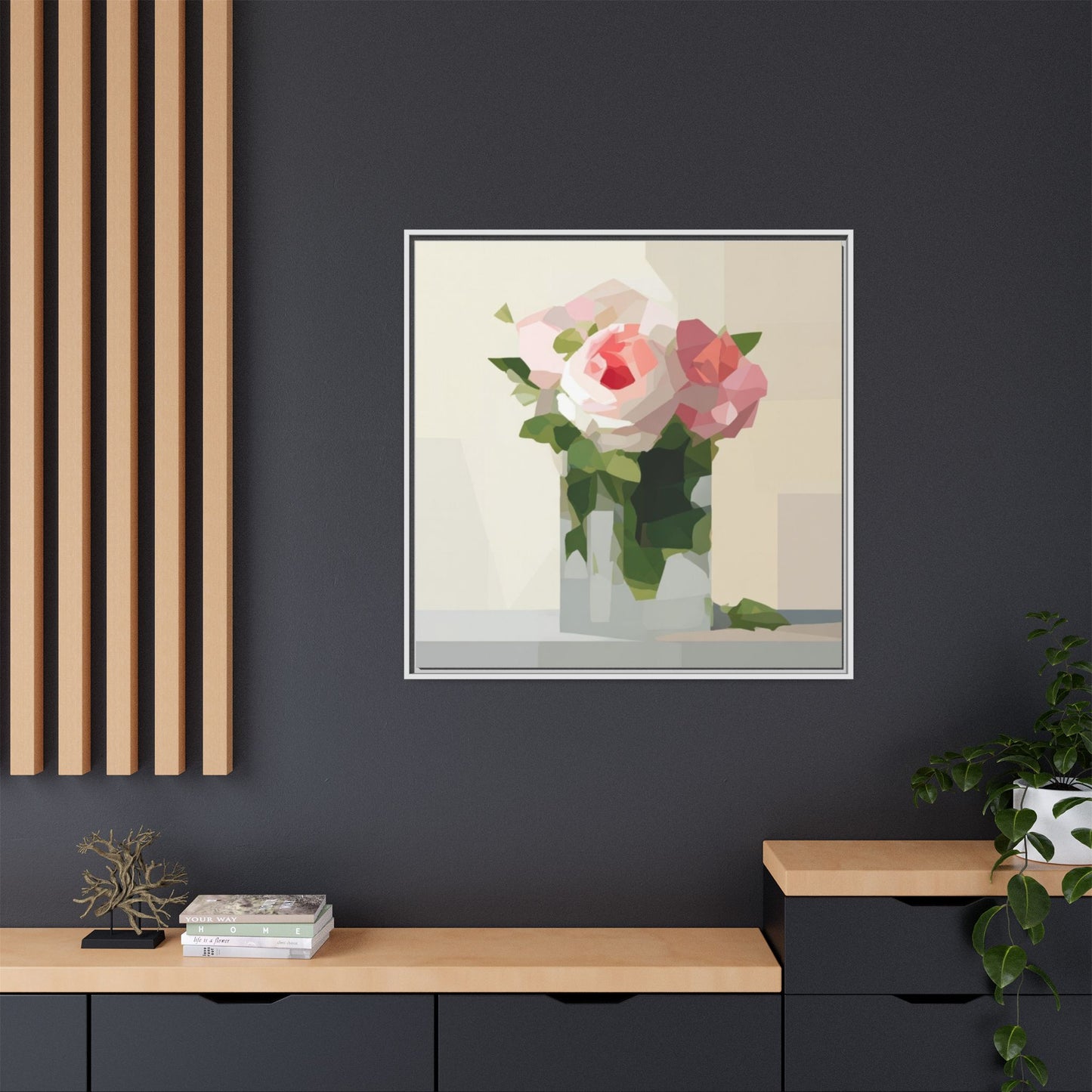 Framed Floral Canvas Print — Geometric Pink Rose Wall Art
