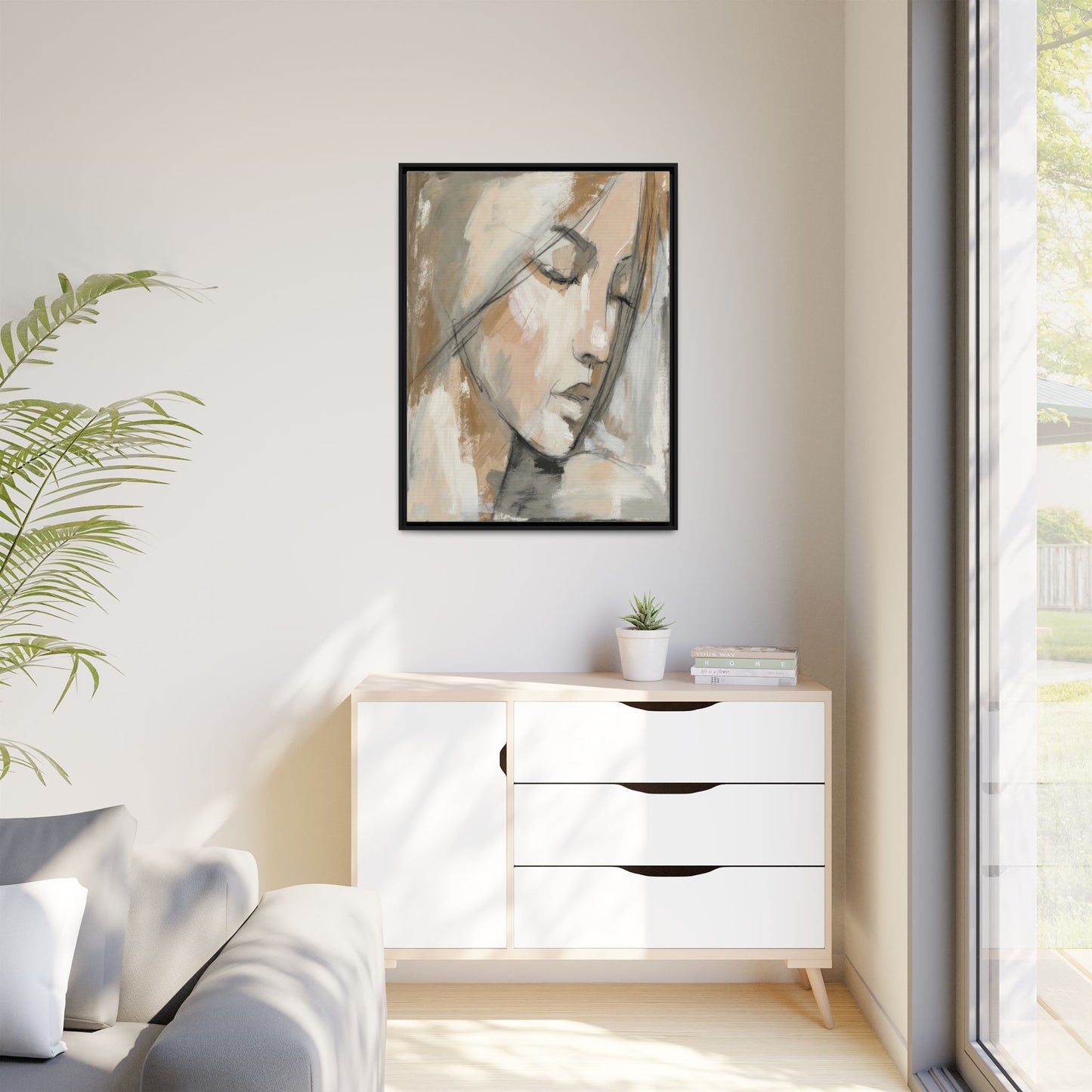 Framed Matte Canvas Art — Serene Abstract Portrait in Neutrals