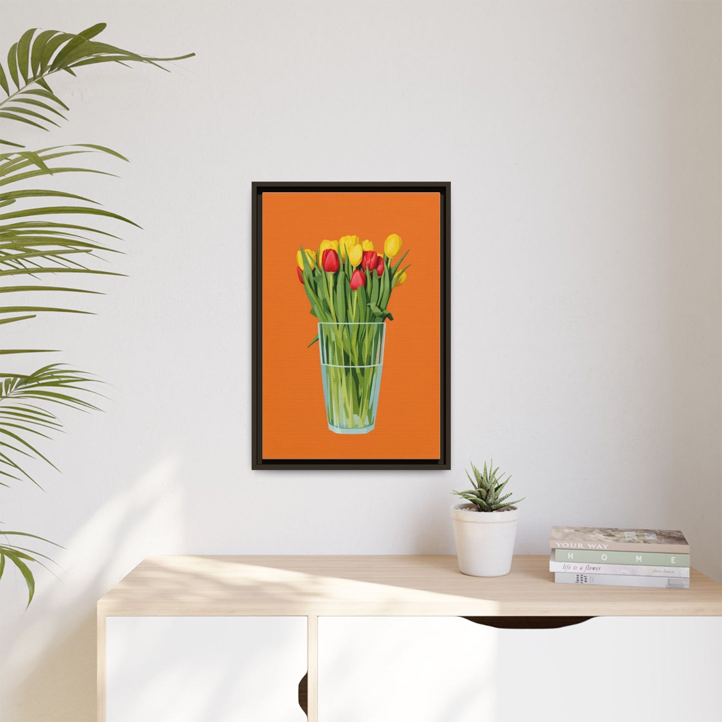 Framed Tulip Canvas Print — Colorful Tulips in Glass Vase