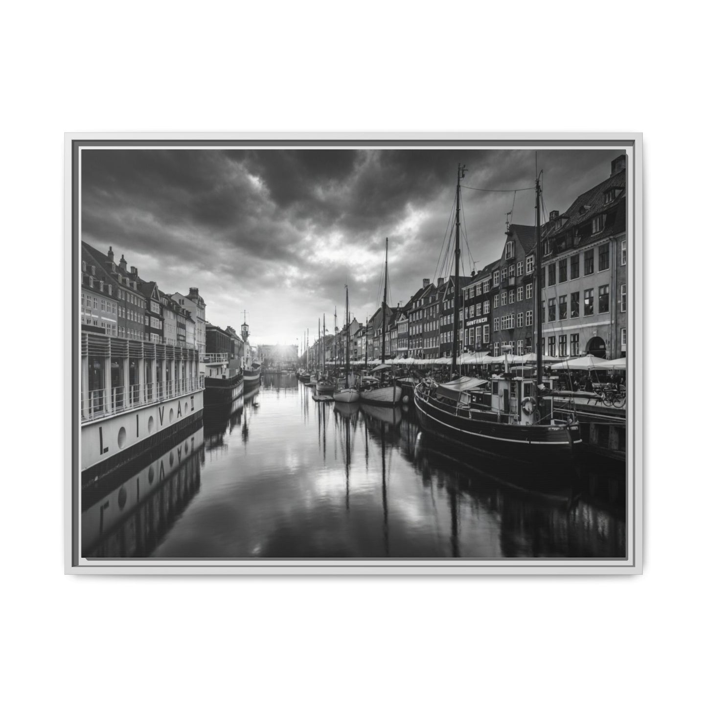 Framed Matte Canvas: Black & White Dutch Canal Photography Wall Art