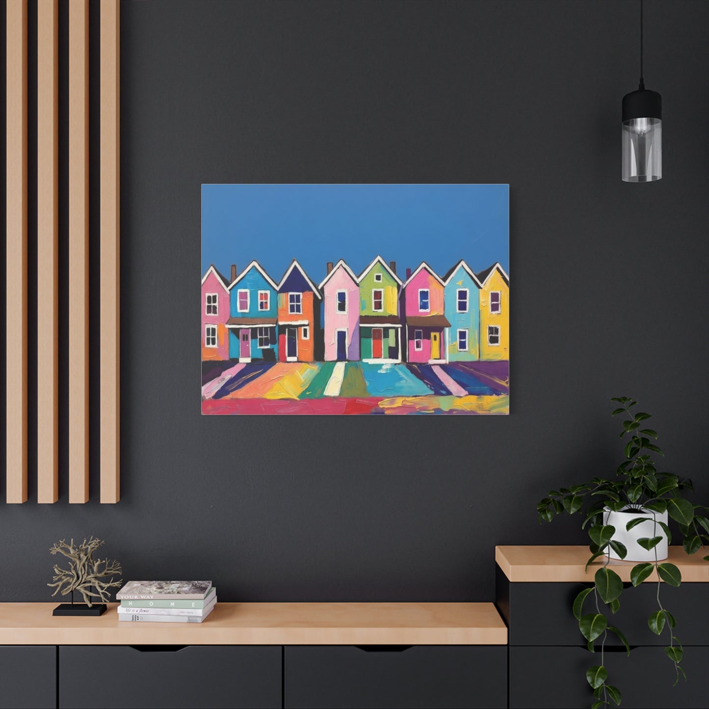 Colorful Row Houses Matte Canvas Print Vibrant Coastal Neighborhood Wall Art