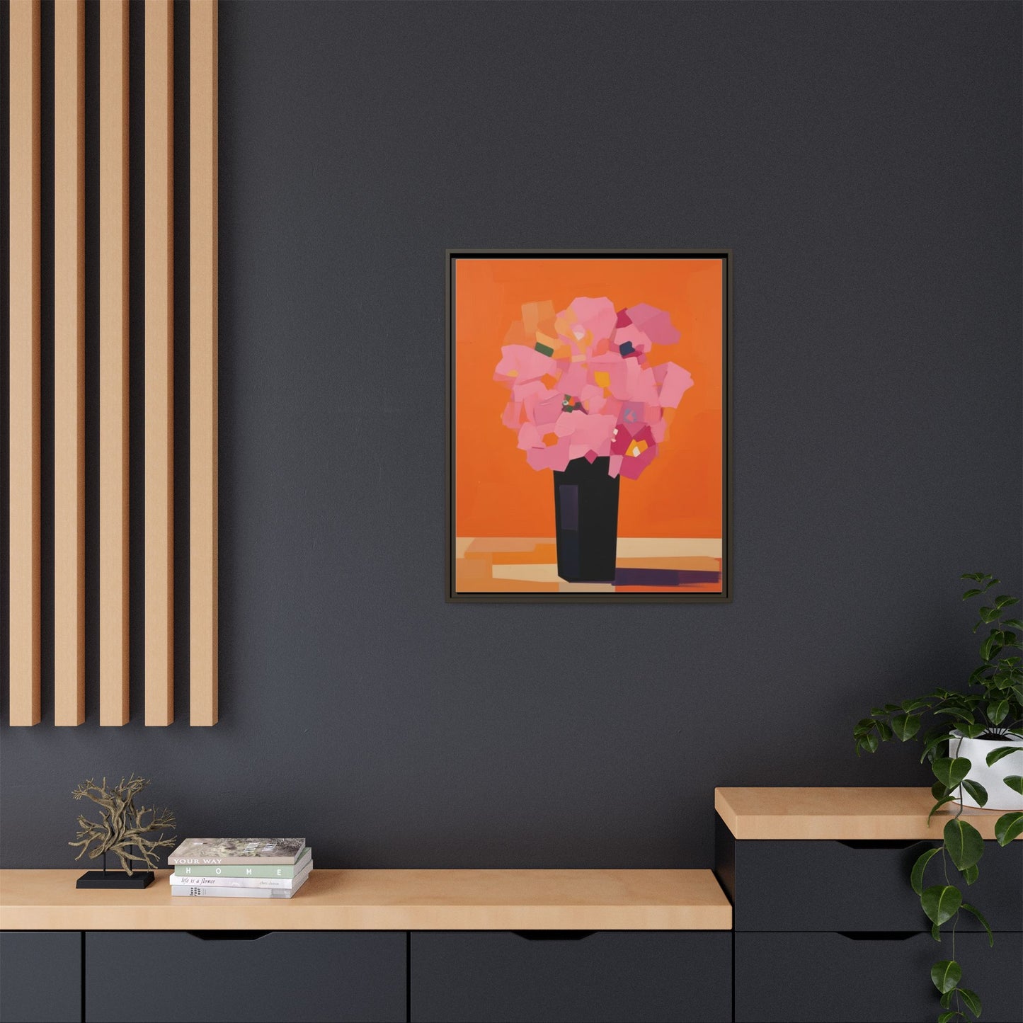 Framed Floral Canvas Art — Pink Bouquet on Orange Background