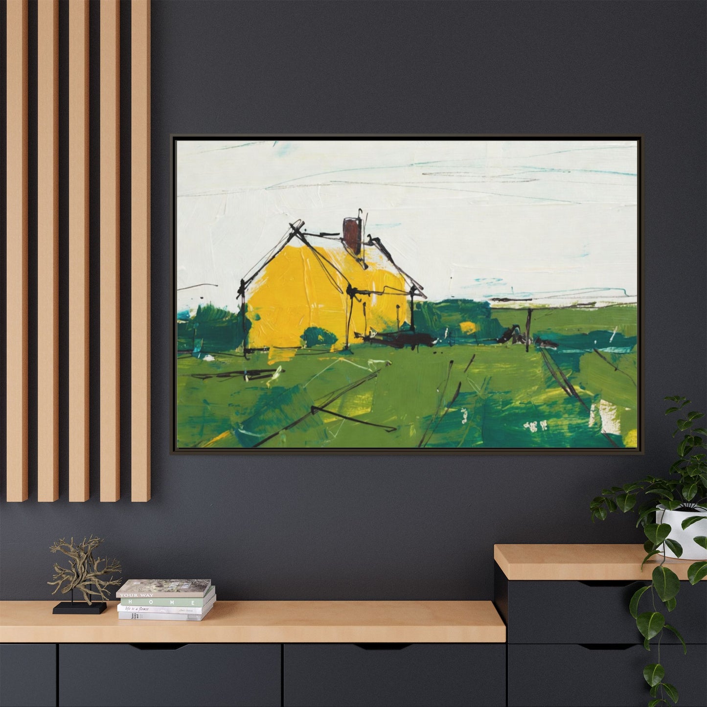 Yellow Cottage Landscape Framed Canvas Print