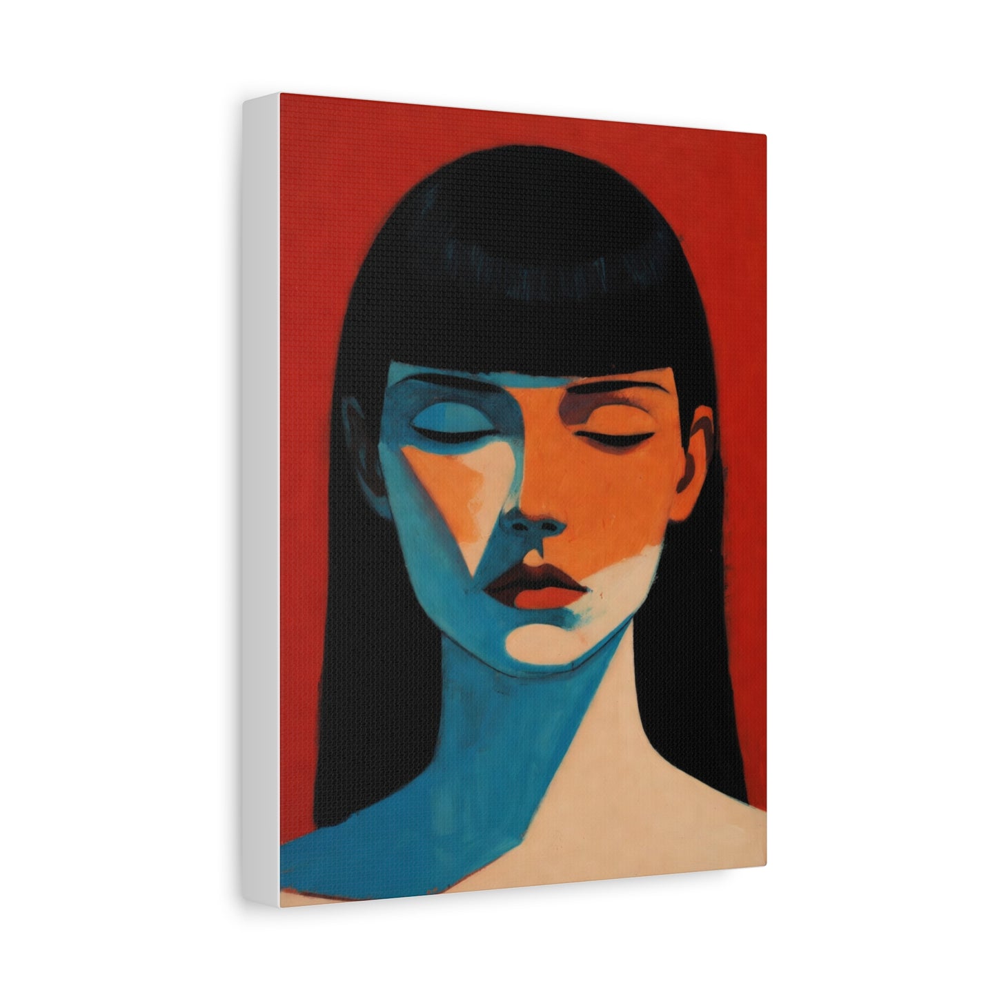Portrait Canvas Wall Art — Modern Minimalist Woman in Red & Blue