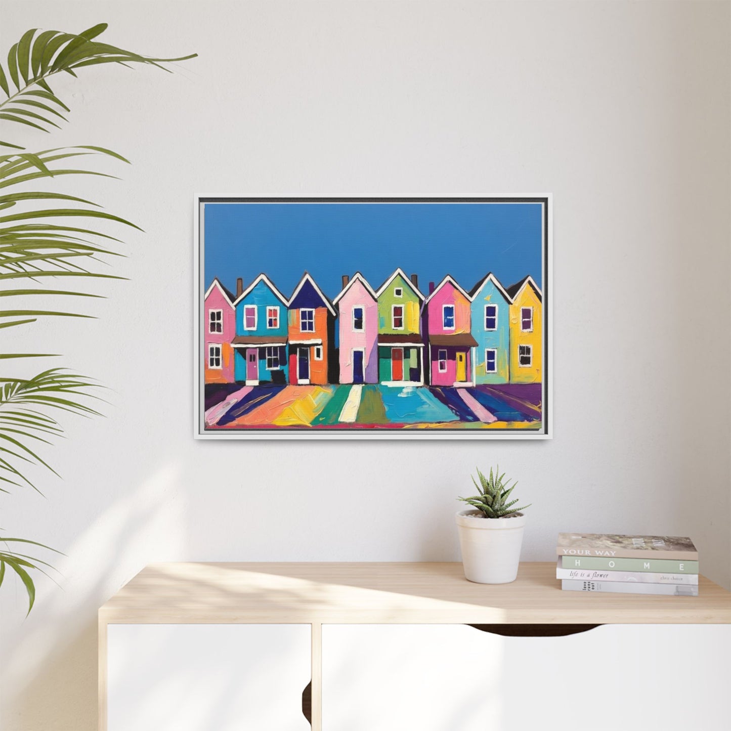 Colorful Beach Houses Matte Canvas Framed Wall Art