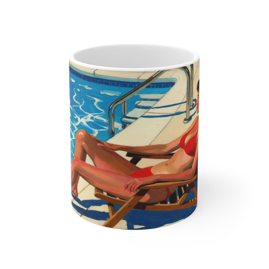 Poolside Vintage Art Coffee Mug — Retro Woman Lounging in Red Swimsuit