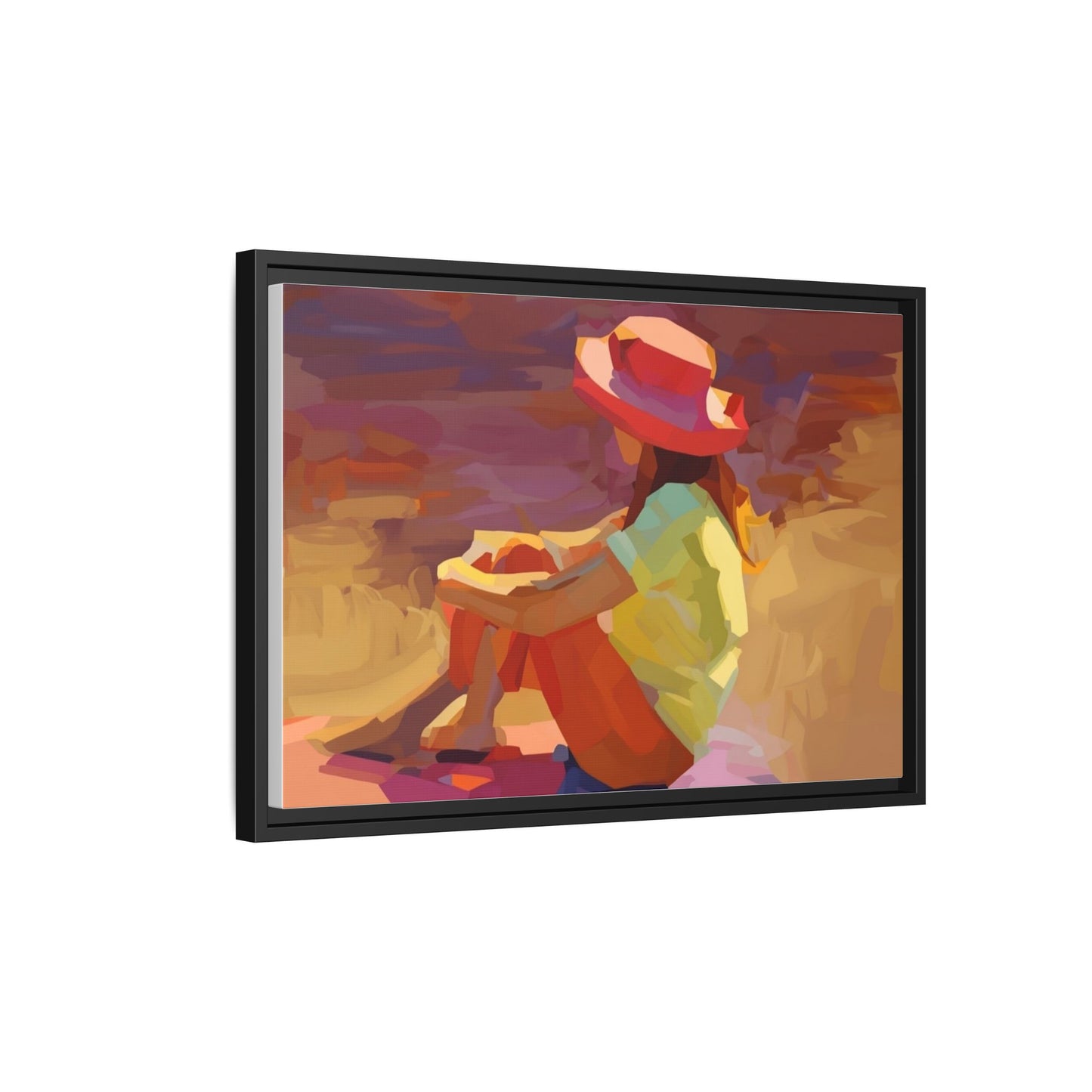 Framed Matte Canvas — Colorful Seated Girl Beach Art