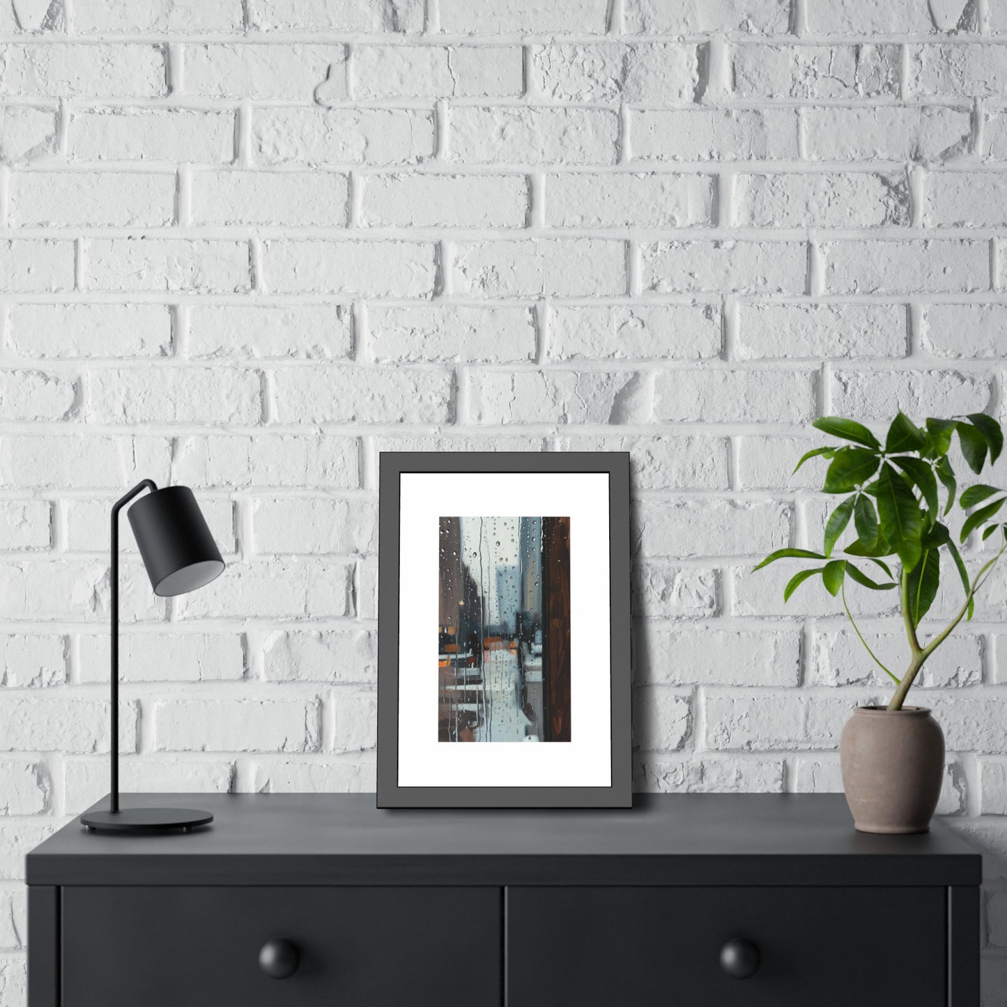 Framed Cityscape Poster — Rainy Window Urban Art Print