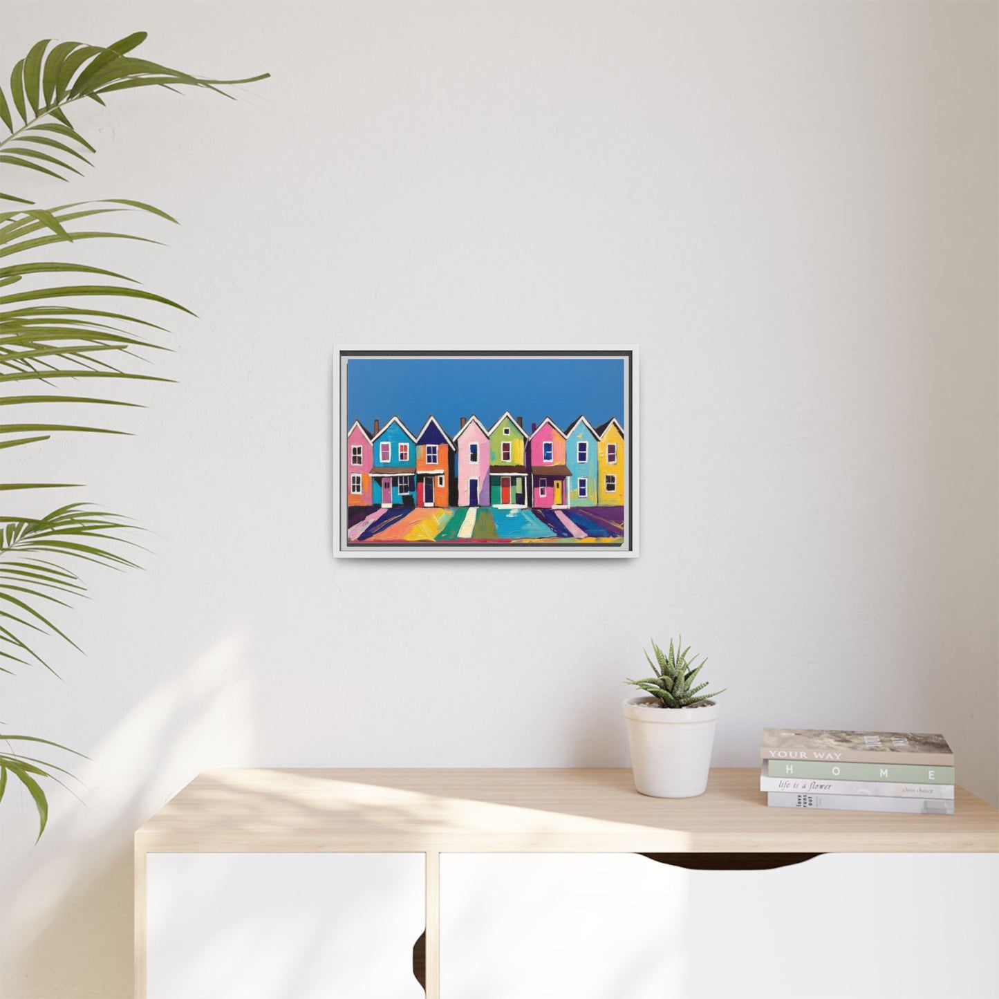 Colorful Beach Houses Matte Canvas Framed Wall Art