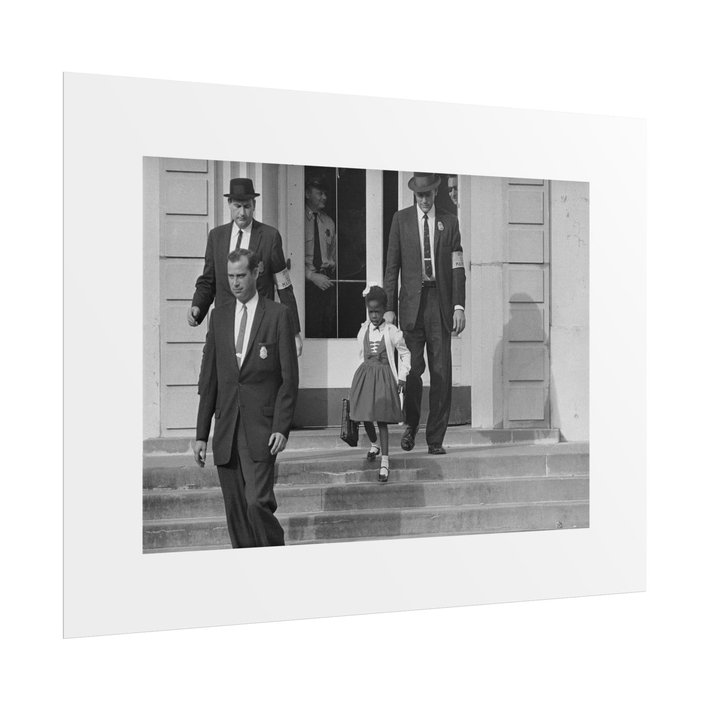 US Marshals with Young Ruby Bridges on School Steps by Unknown  Black & White Civil Rights Photograph Wall Art Print
