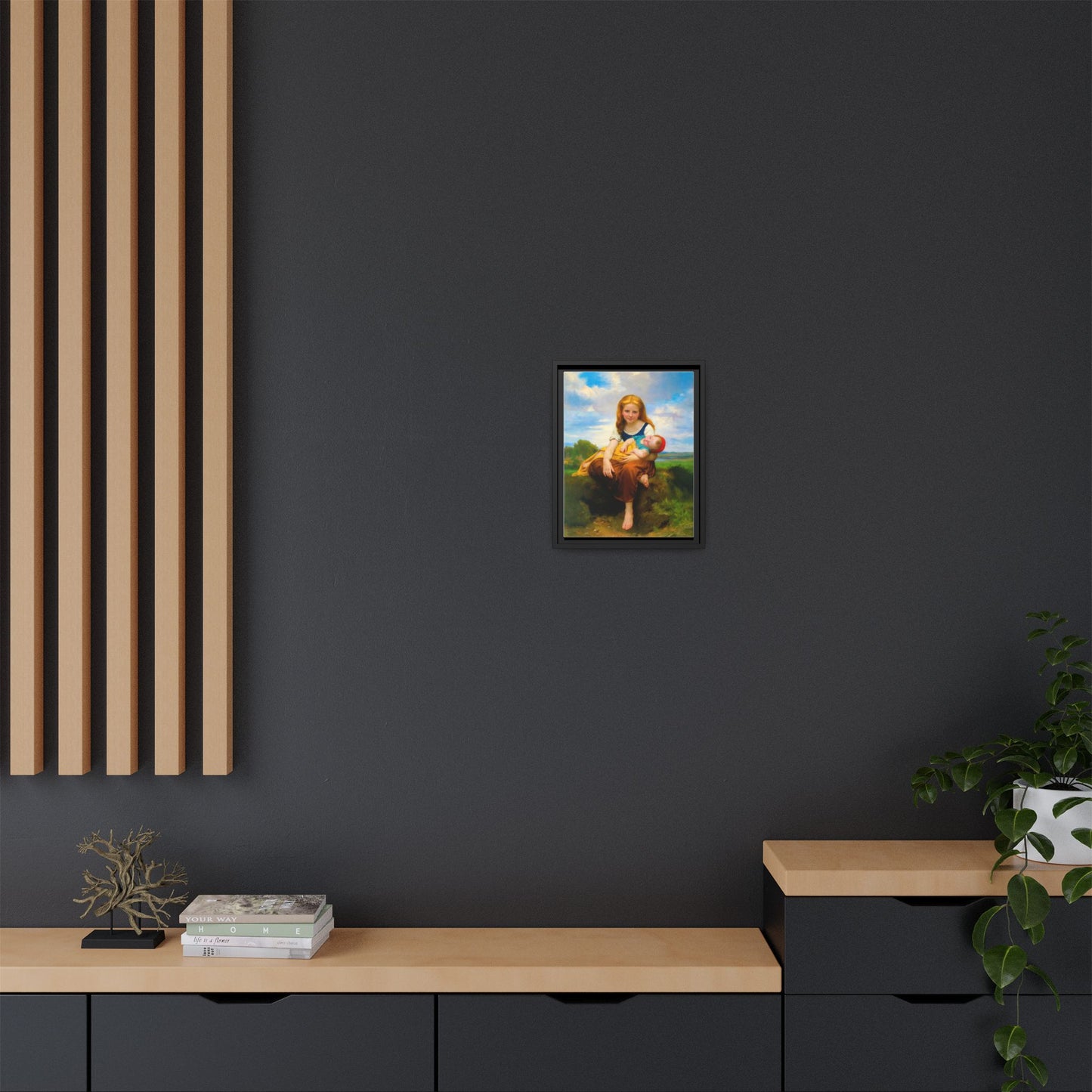 Young Girl Holding Sleeping Baby Canvas Print, Framed Wall Art