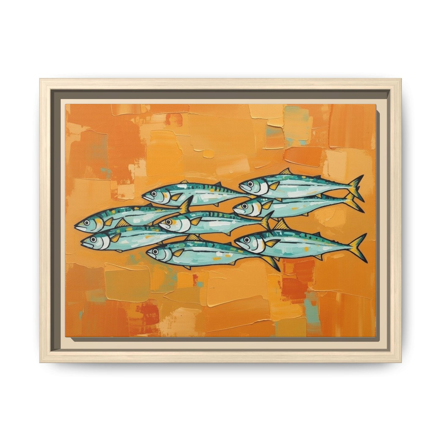 Framed Matte Canvas Print — School of Blue Fish on Orange Abstract Background