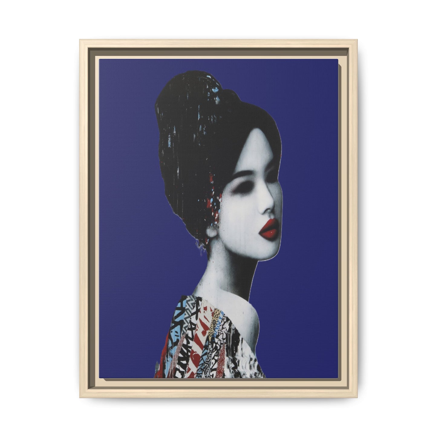 Framed Matte Canvas Art — Elegant Geisha Portrait on Deep Blue