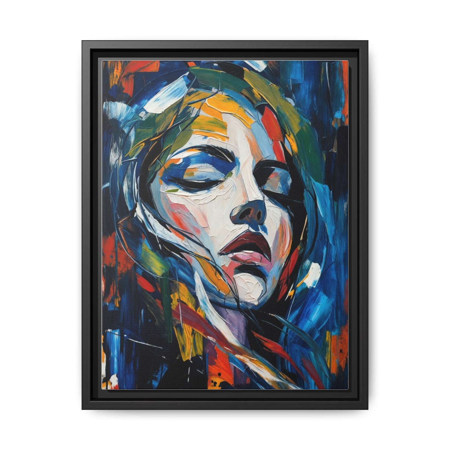 Abstract Colorful Woman Portrait — Framed Matte Canvas Wall Art