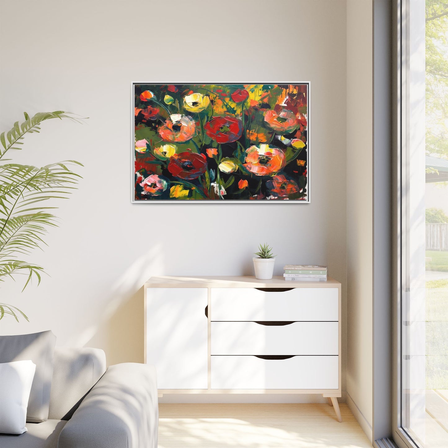 Framed Floral Canvas Print — Vibrant Abstract Poppies Wall Art