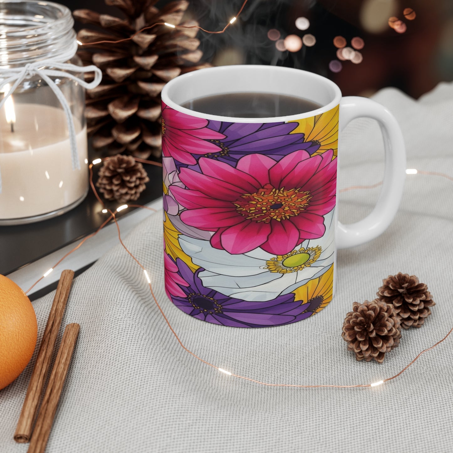 Floral Daisy Bouquet Mug — Colorful Pink & Purple Garden Coffee Cup