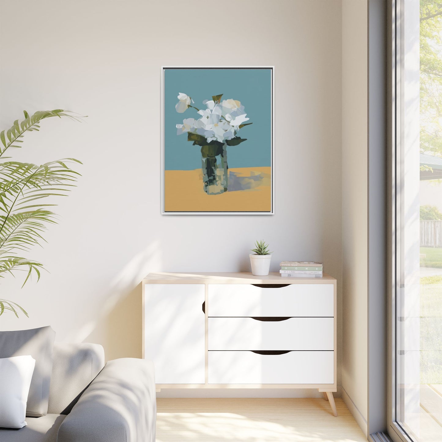 Framed Floral Still Life Canvas Art — Modern White Bouquet Wall Art