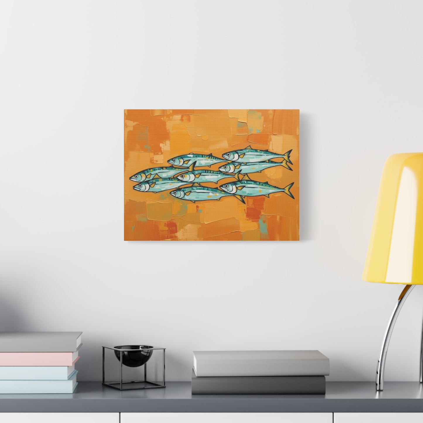 School of Mackerel Canvas Wall Art — Nautical Fish Painting on Orange Background
