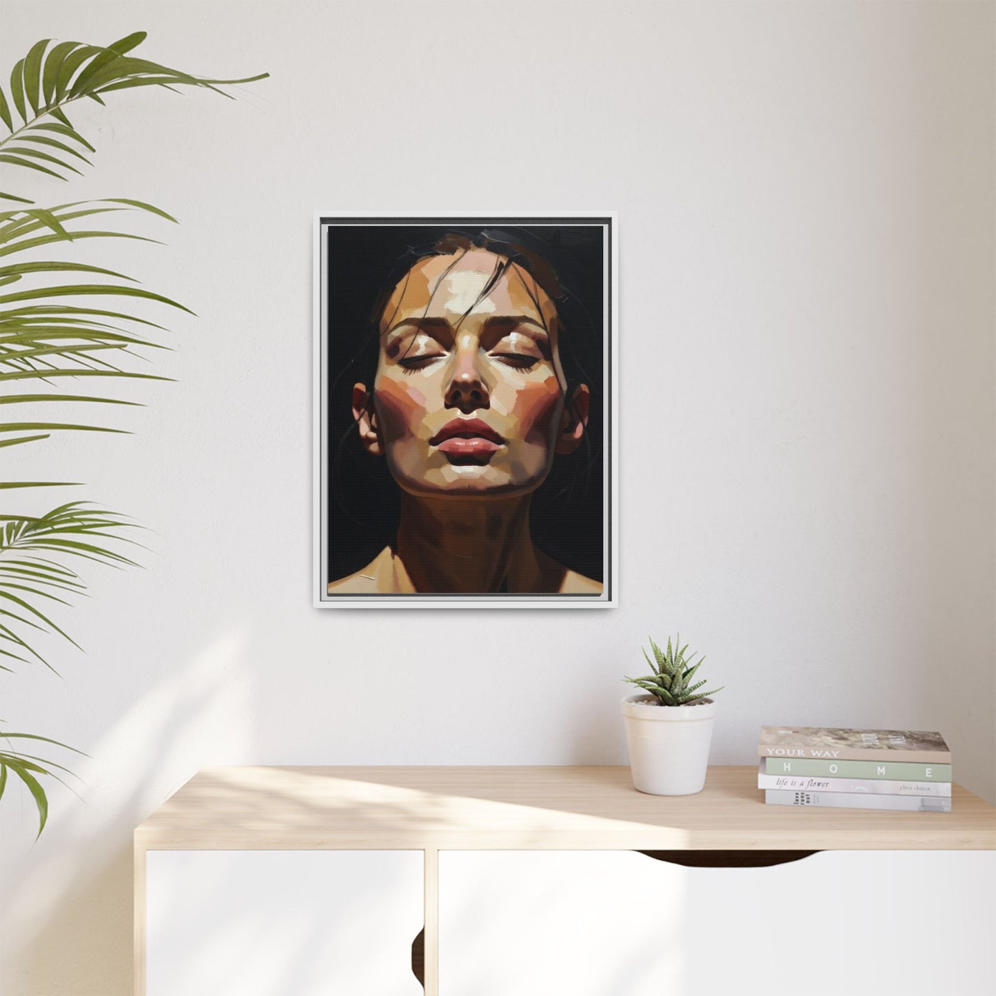 Framed Matte Canvas Portrait – Woman with Eyes Closed (Multi‑Color)