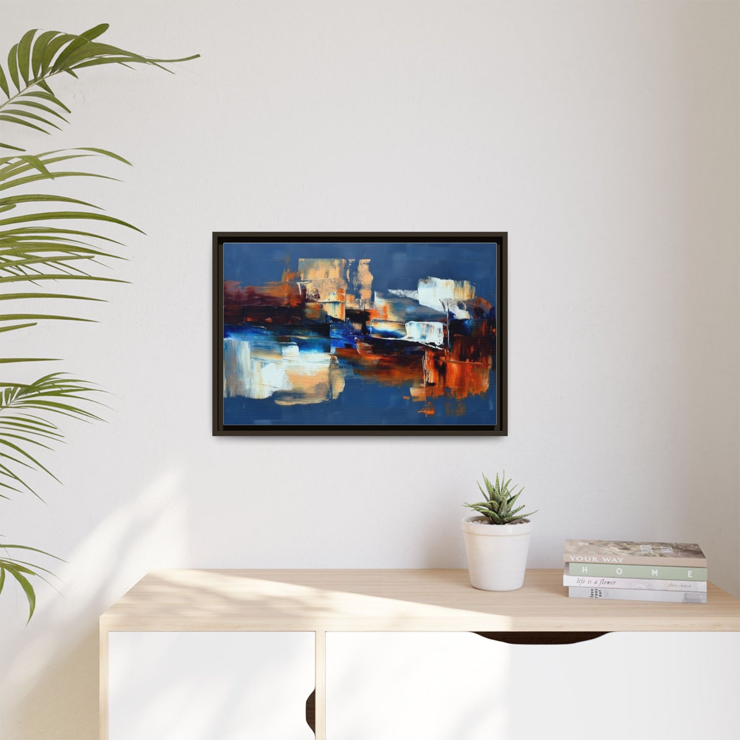Abstract Blue & Rust Framed Canvas Art — Modern Matte Wall Painting