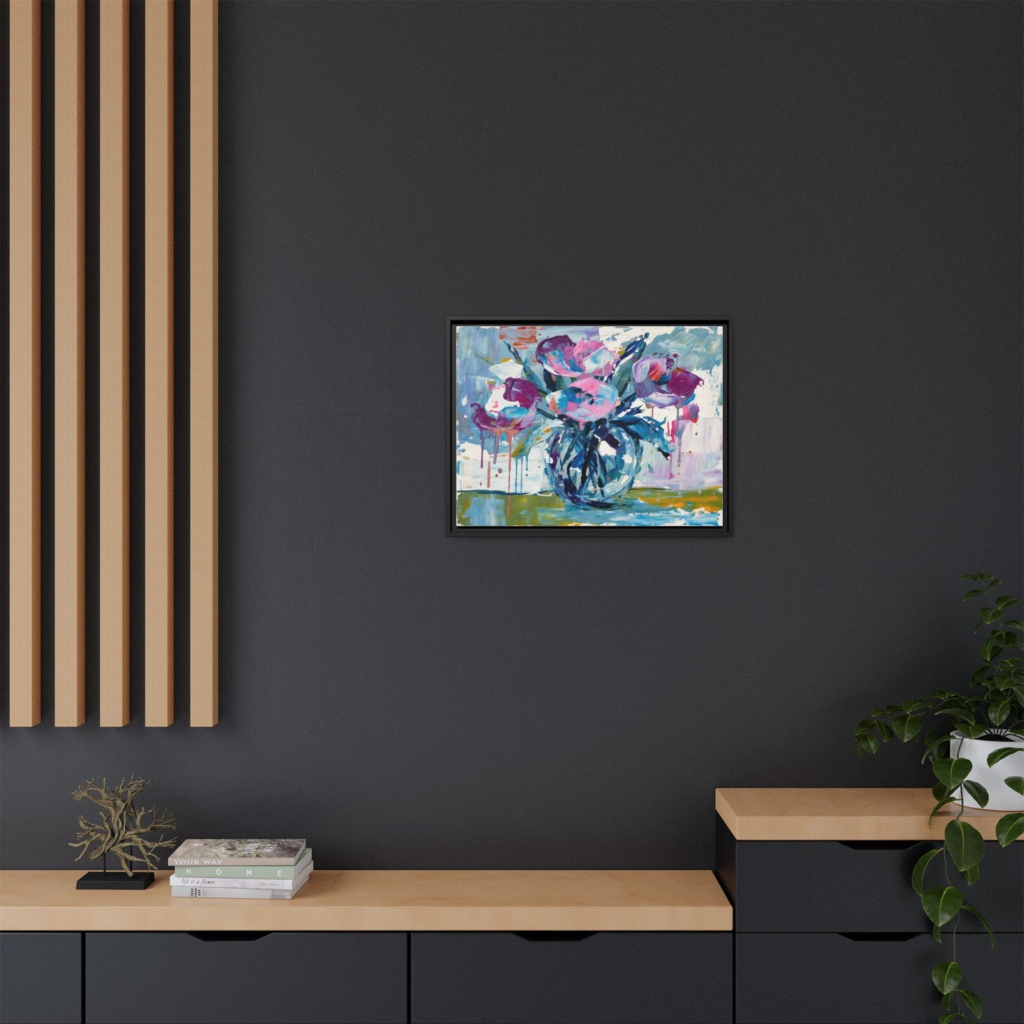 Framed Floral Canvas Art — Abstract Pink & Blue Bouquet