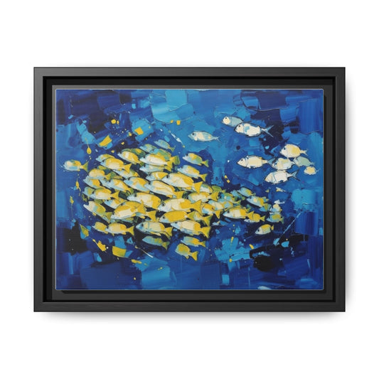 Framed Matte Canvas: Blue School of Fish Wall Art