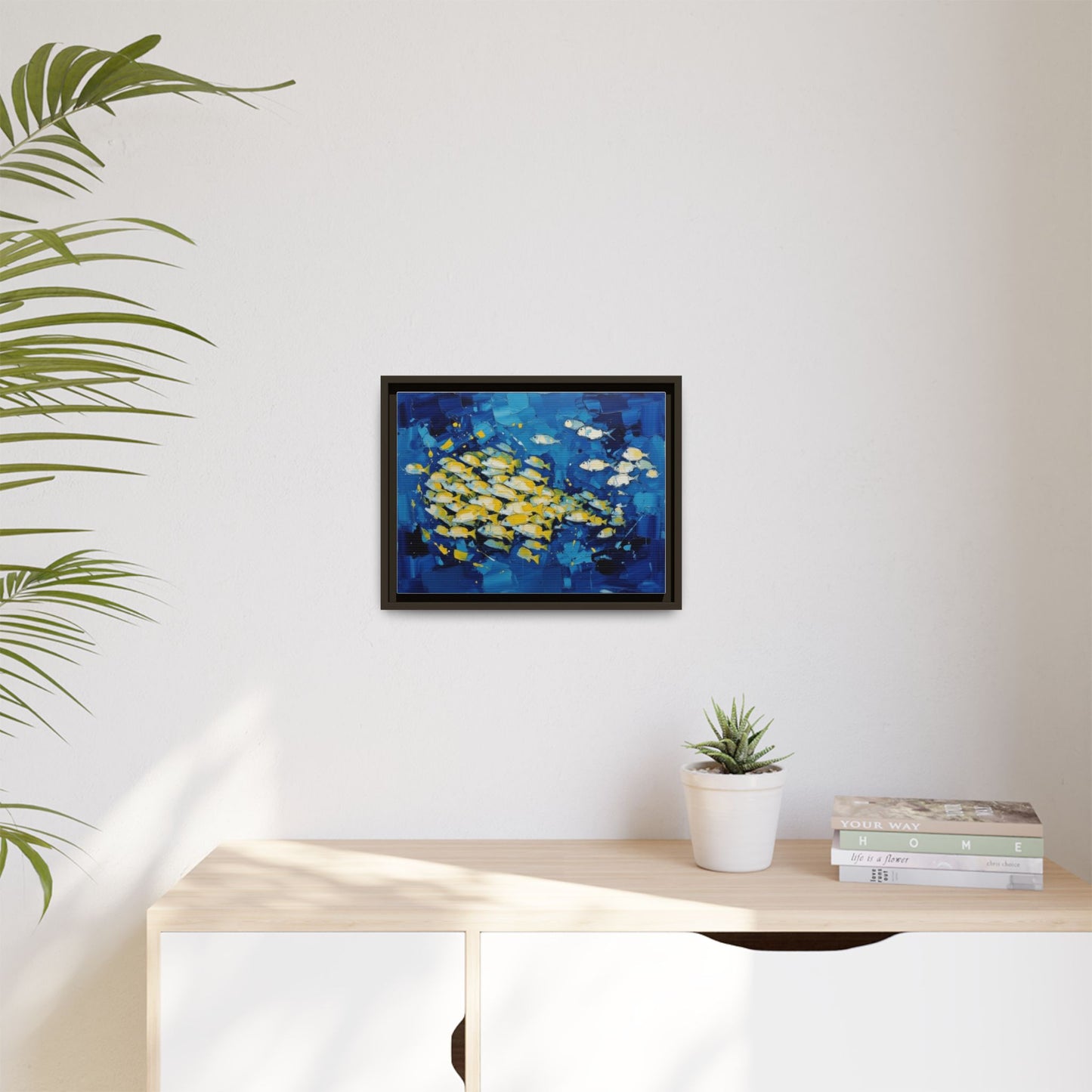 Framed Matte Canvas: Blue School of Fish Wall Art