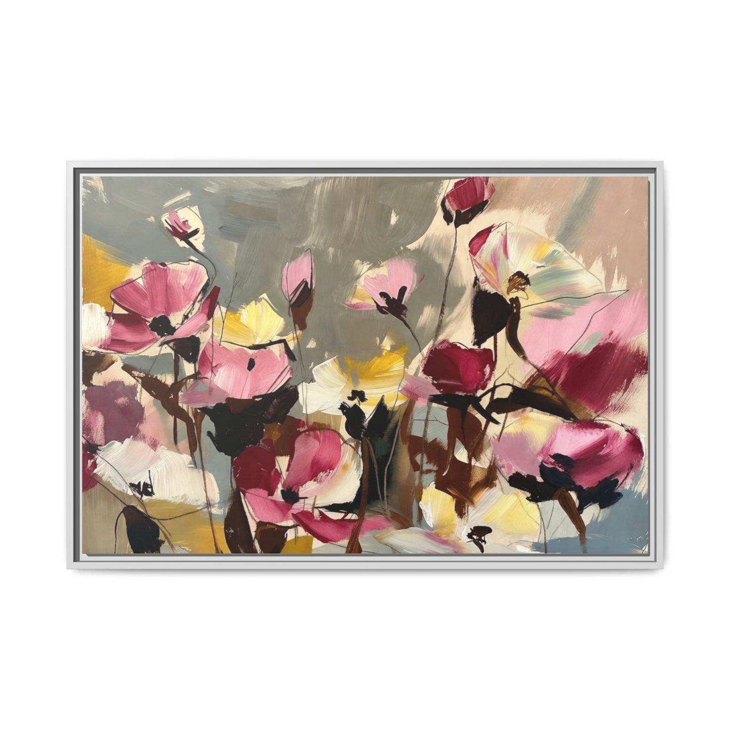 Framed Floral Canvas Wall Art — Abstract Pink & Yellow Flowers