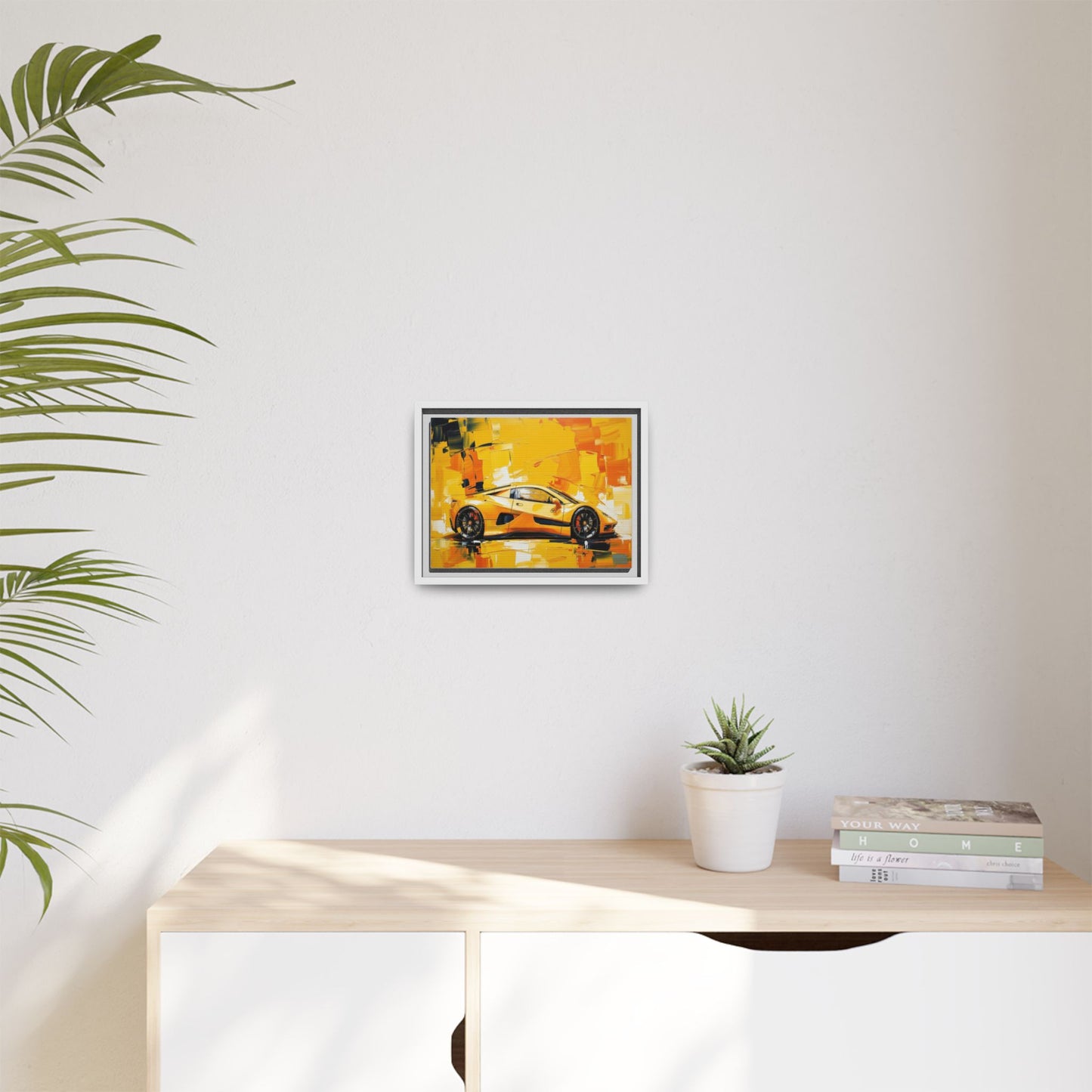 Yellow Sports Car Abstract Matte Canvas Framed Print