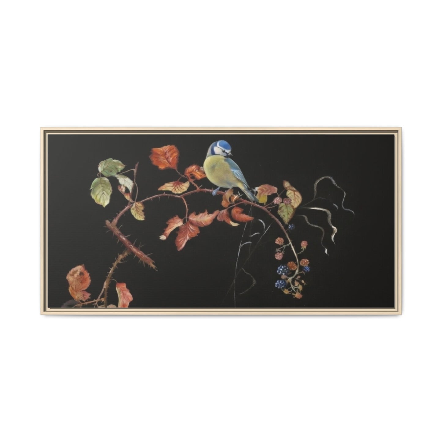 Framed Matte Canvas - Blue Tit on Autumn Branch Wall Art