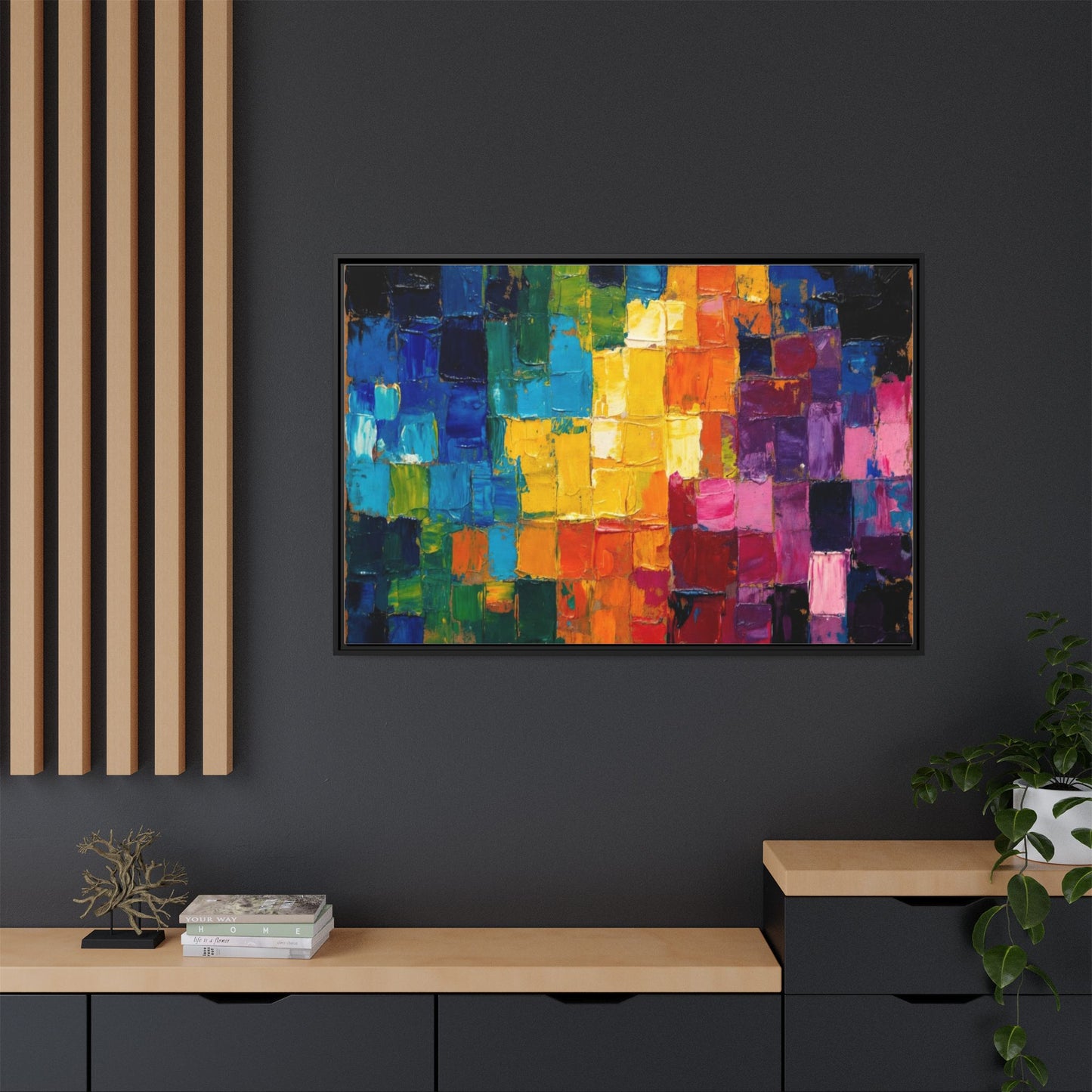 Abstract Rainbow Mosaic Framed Canvas Print — Colorful Modern Wall Art