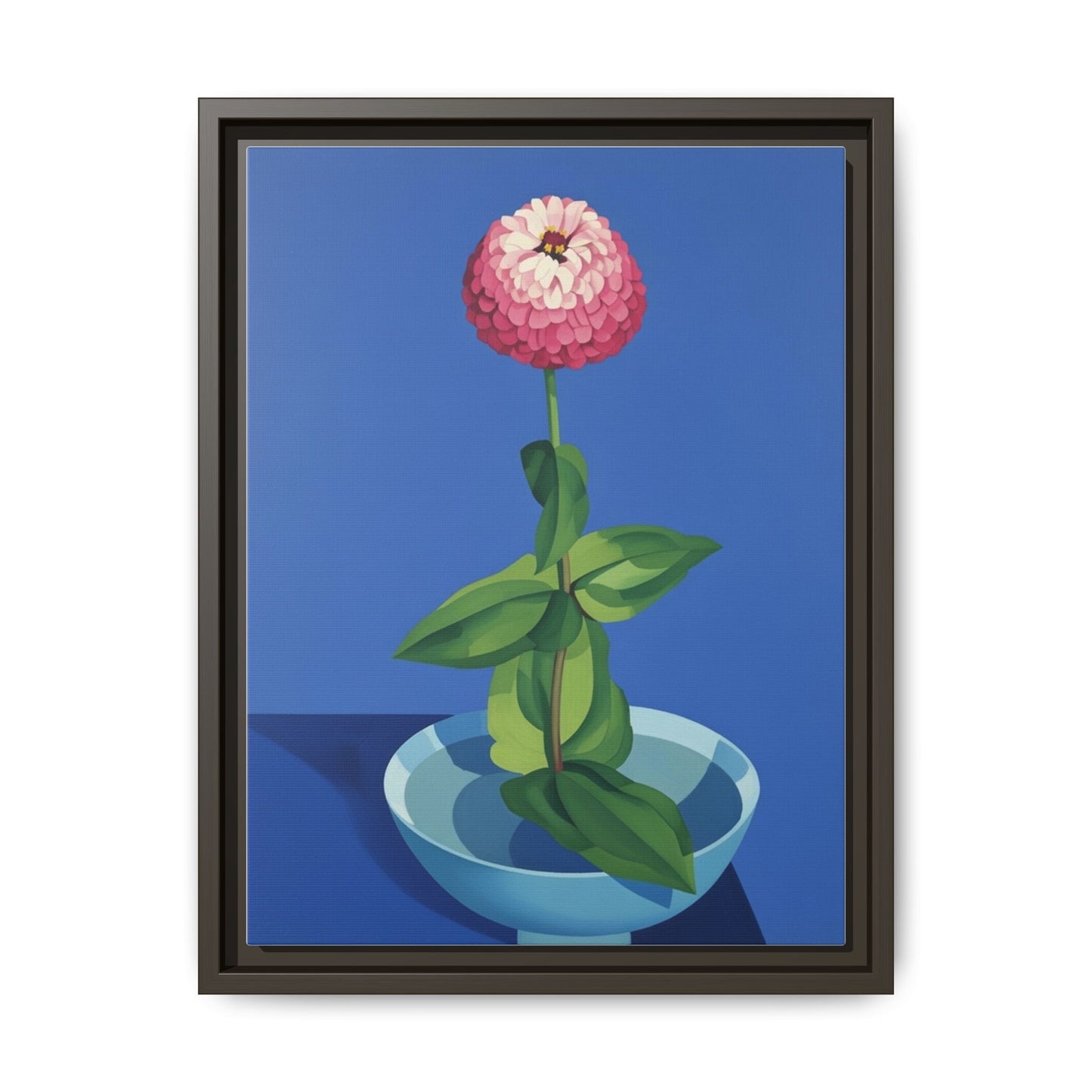 Framed Matte Canvas Art — Pink Zinnia in Blue Bowl (Botanical Still Life)
