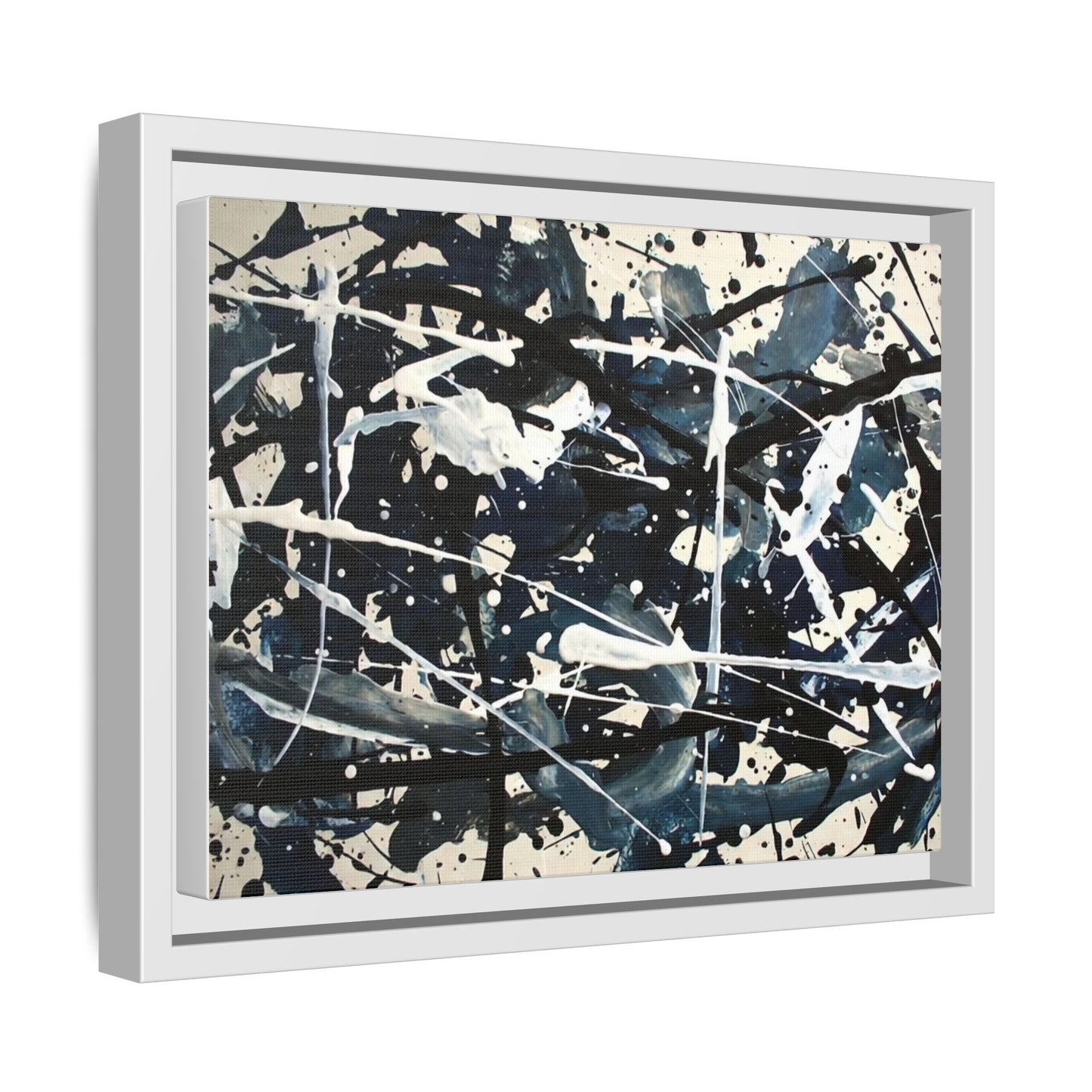 Abstract Splatter Matte Canvas Framed Wall Art — Black & Blue Modern Art Print