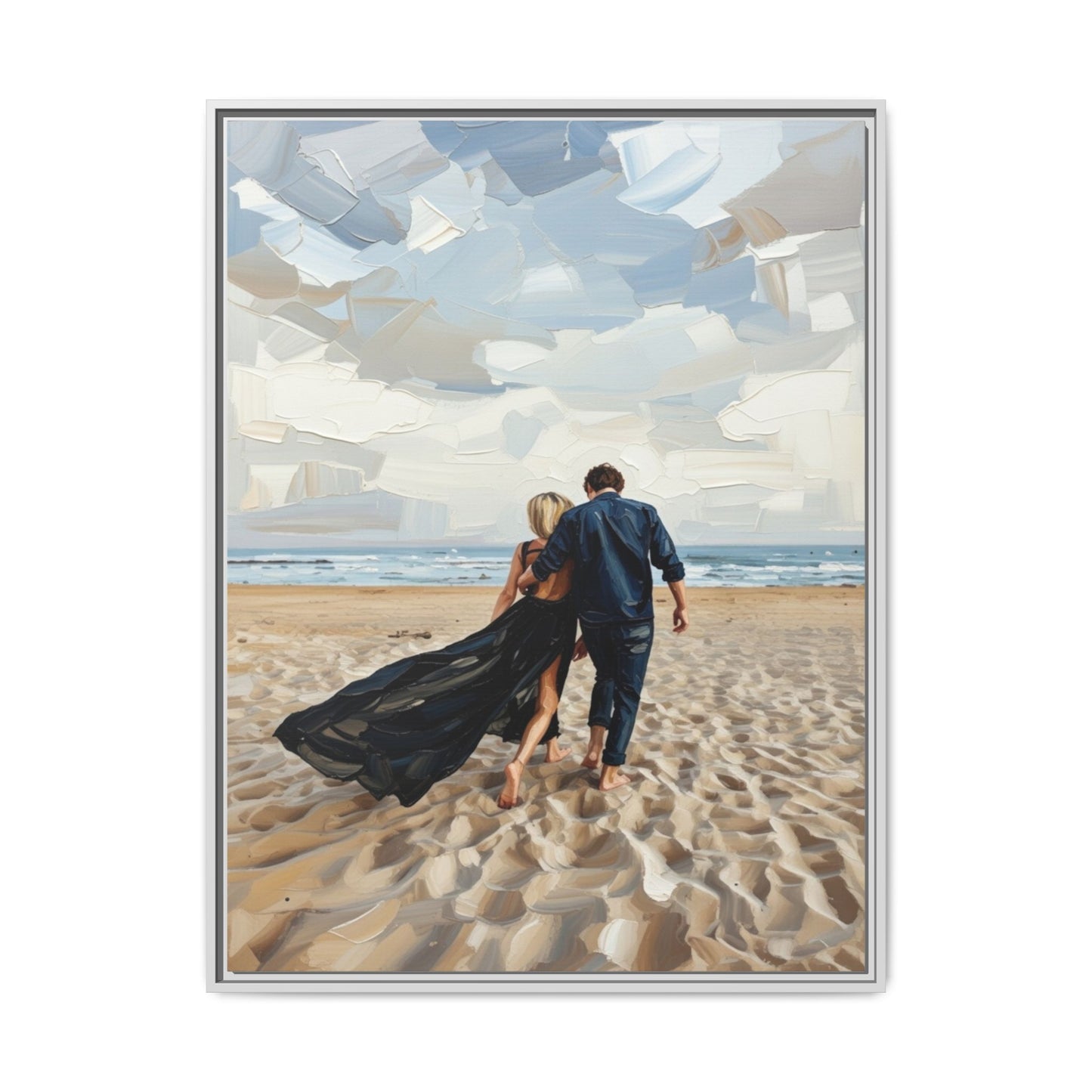 Framed Canvas Wall Art — Romantic Couple Walking on Beach Print