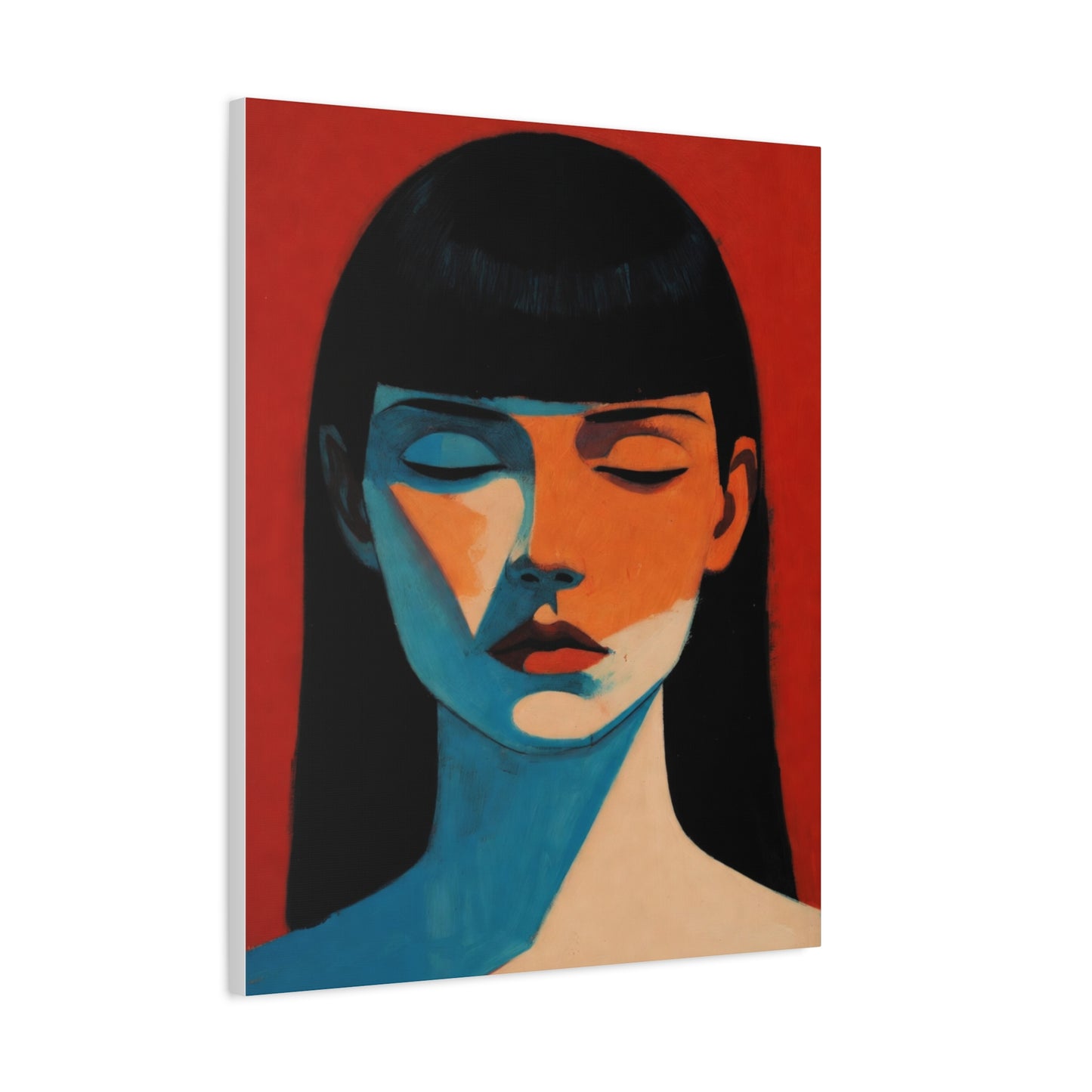 Portrait Canvas Wall Art — Modern Minimalist Woman in Red & Blue