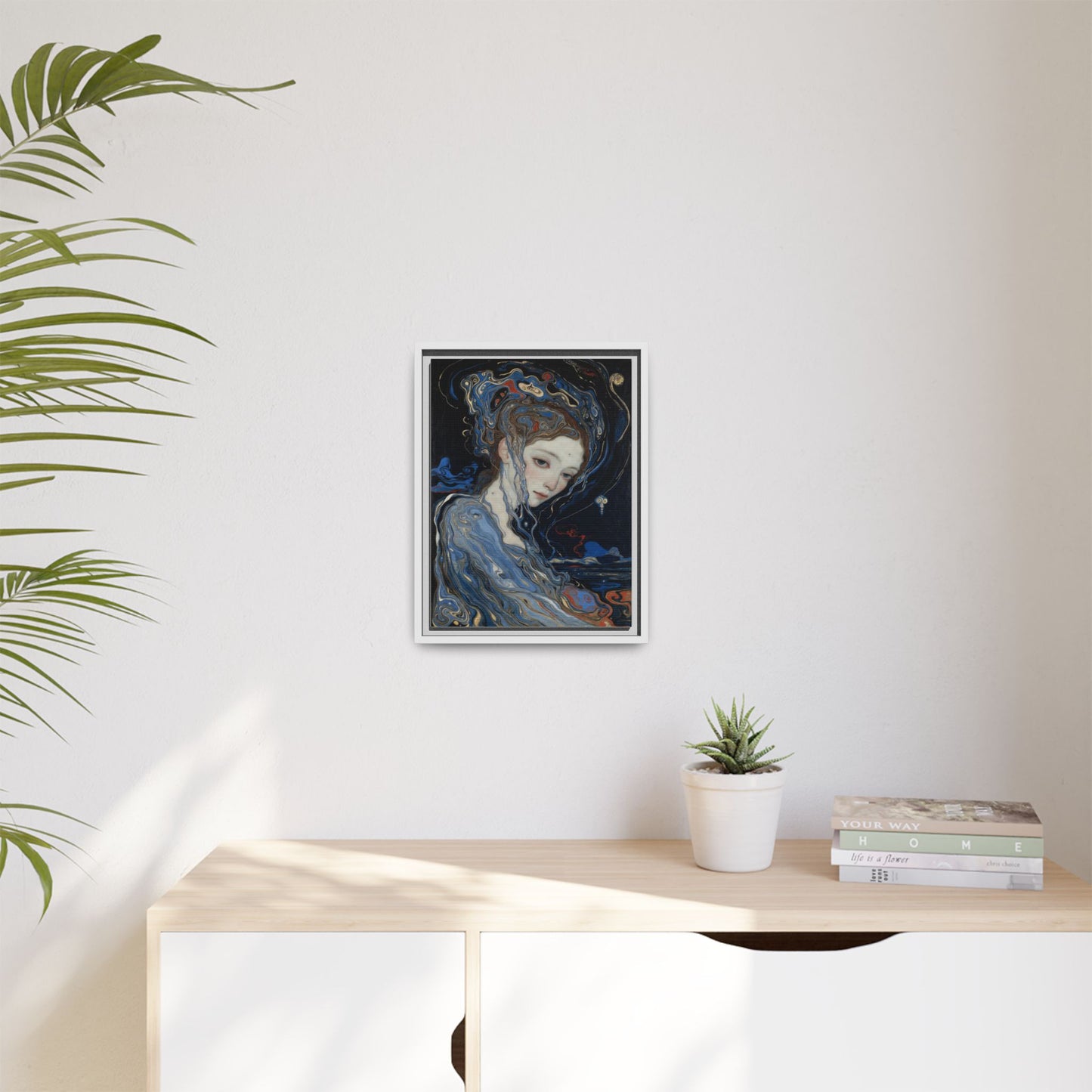Framed Matte Canvas Art Print — Surreal Blue Maiden Portrait