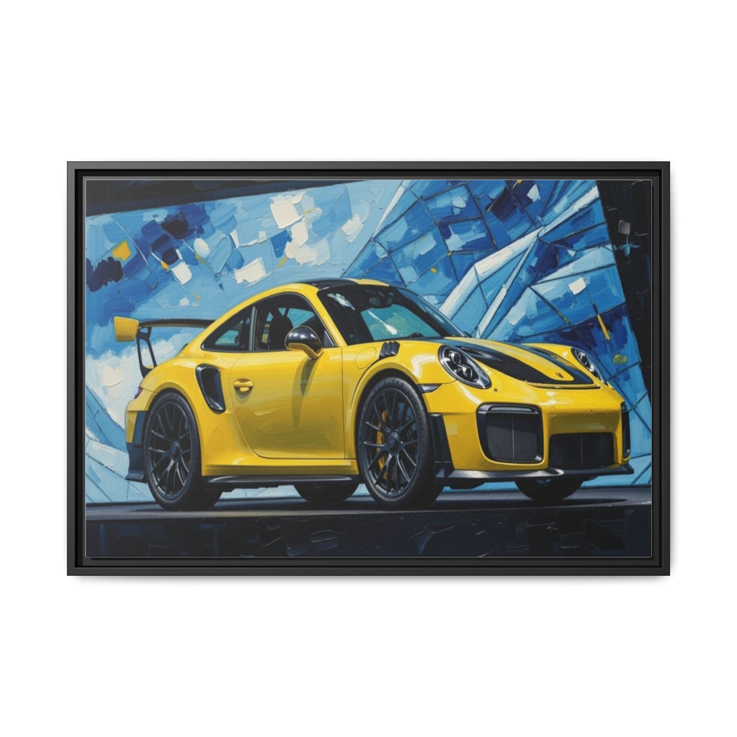 Yellow Porsche Sports Car Matte Framed Canvas – Modern Automotive Wall Art