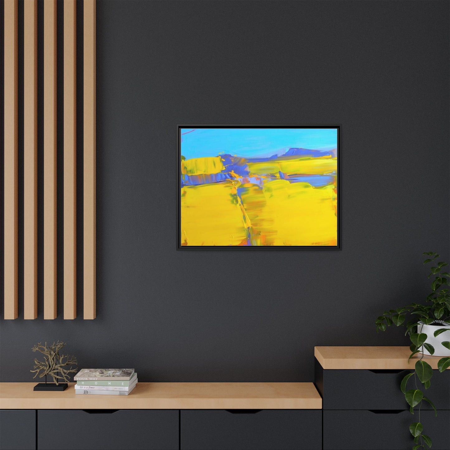 Framed Matte Canvas  Vibrant Yellow Blue Abstract Landscape Art