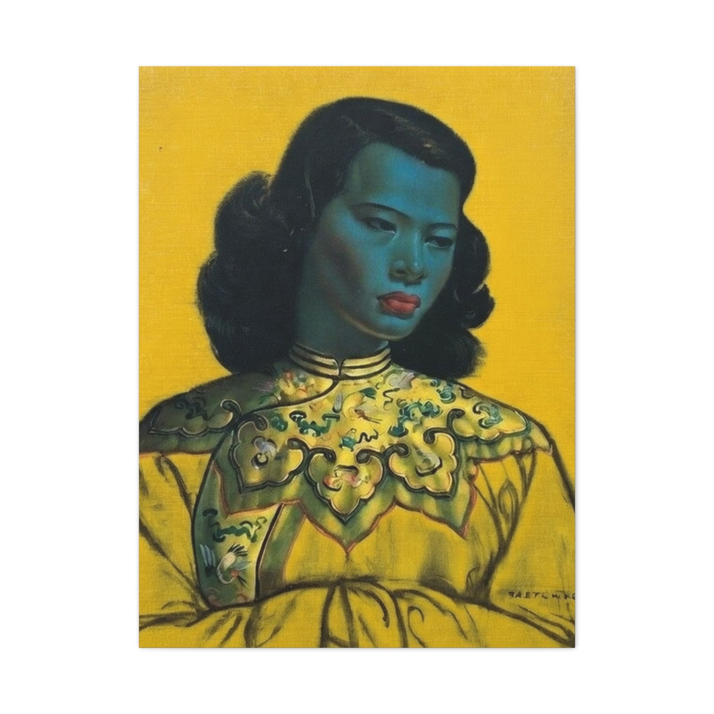 Vintage Portrait Canvas Print — Mid-Century Asian Woman Art on Yellow Background
