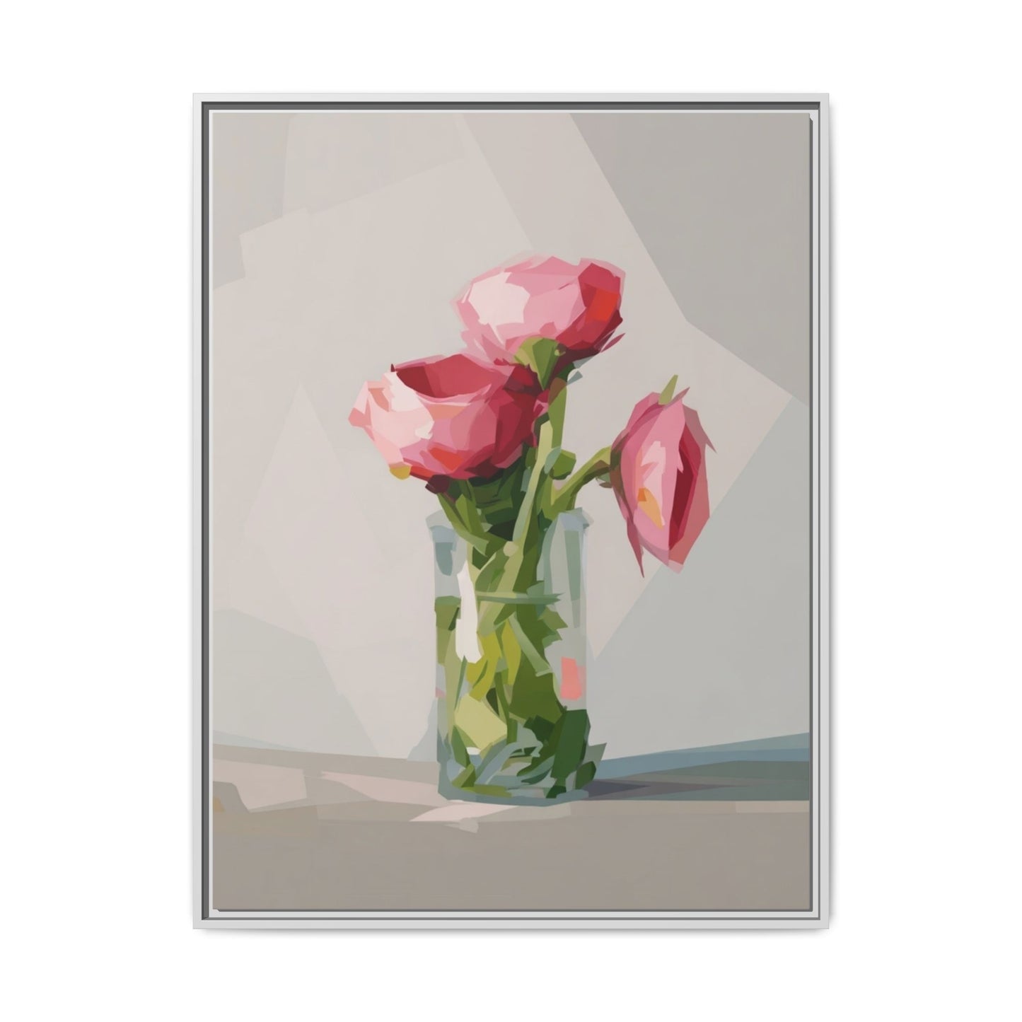 Framed Canvas Art — Pink Roses in Vase, Modern Floral Wall Print