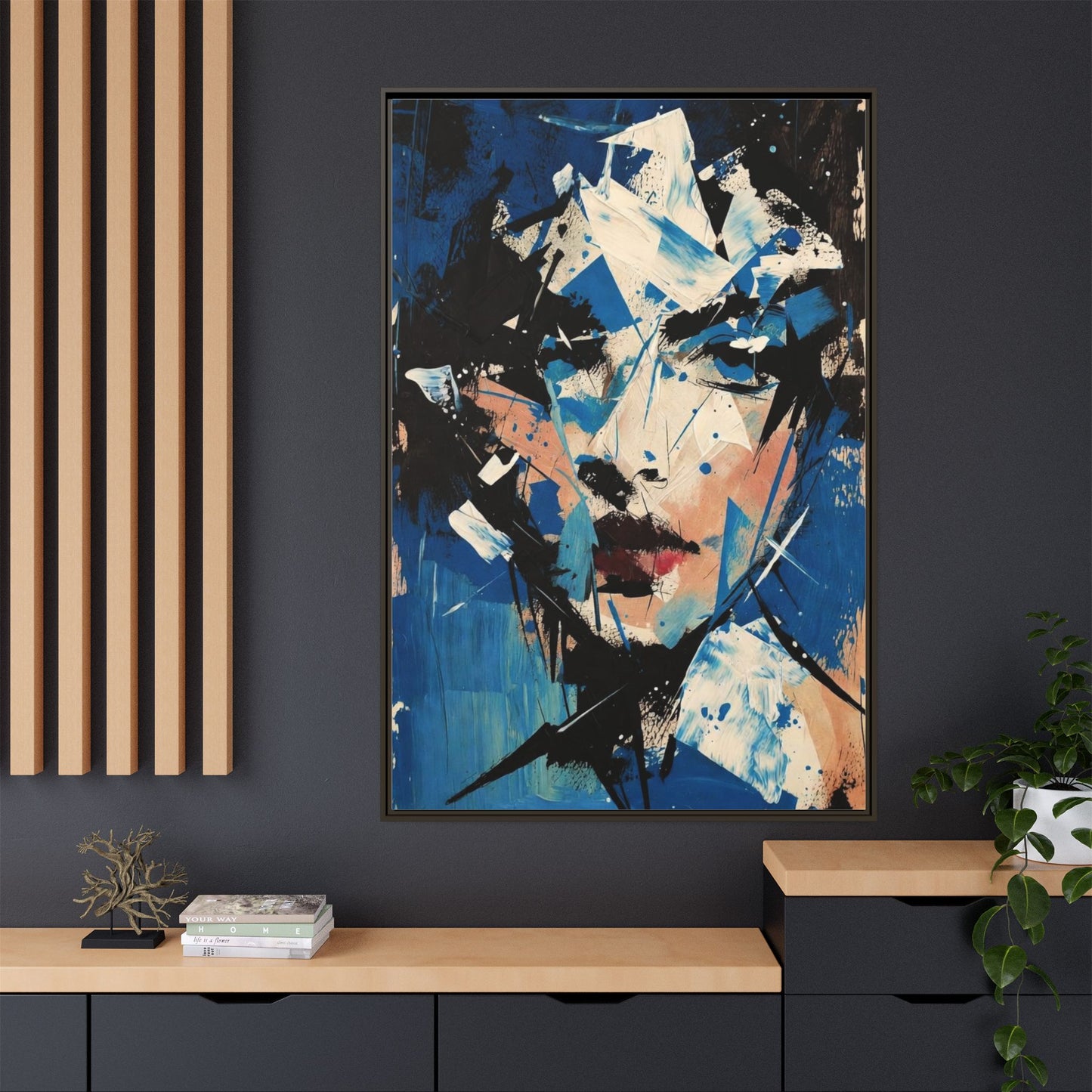 Abstract Portrait Matte Canvas Framed Wall Art — Blue Mixed-Media Face Print