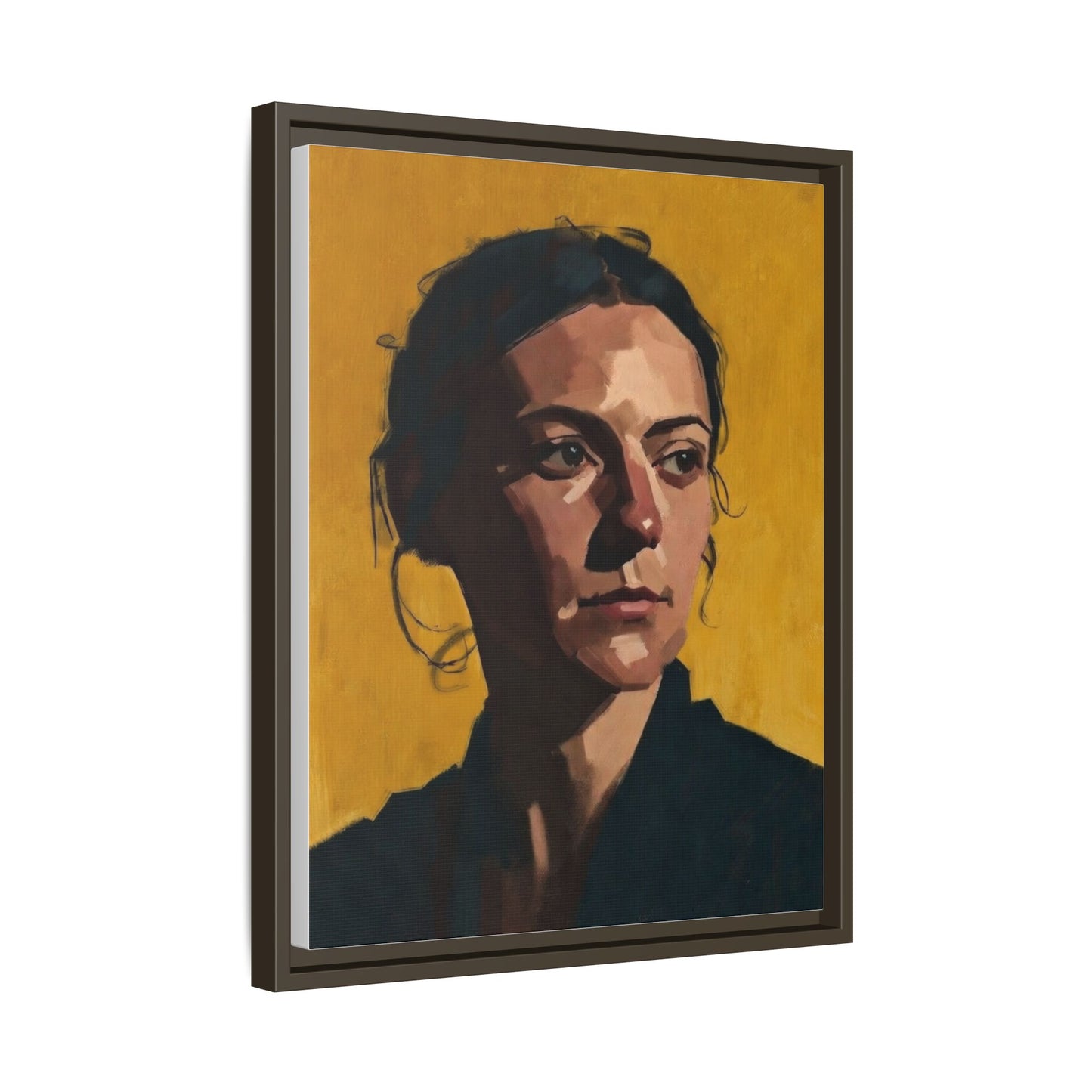 Framed Matte Canvas Portrait Art — Moody Woman on Mustard Background