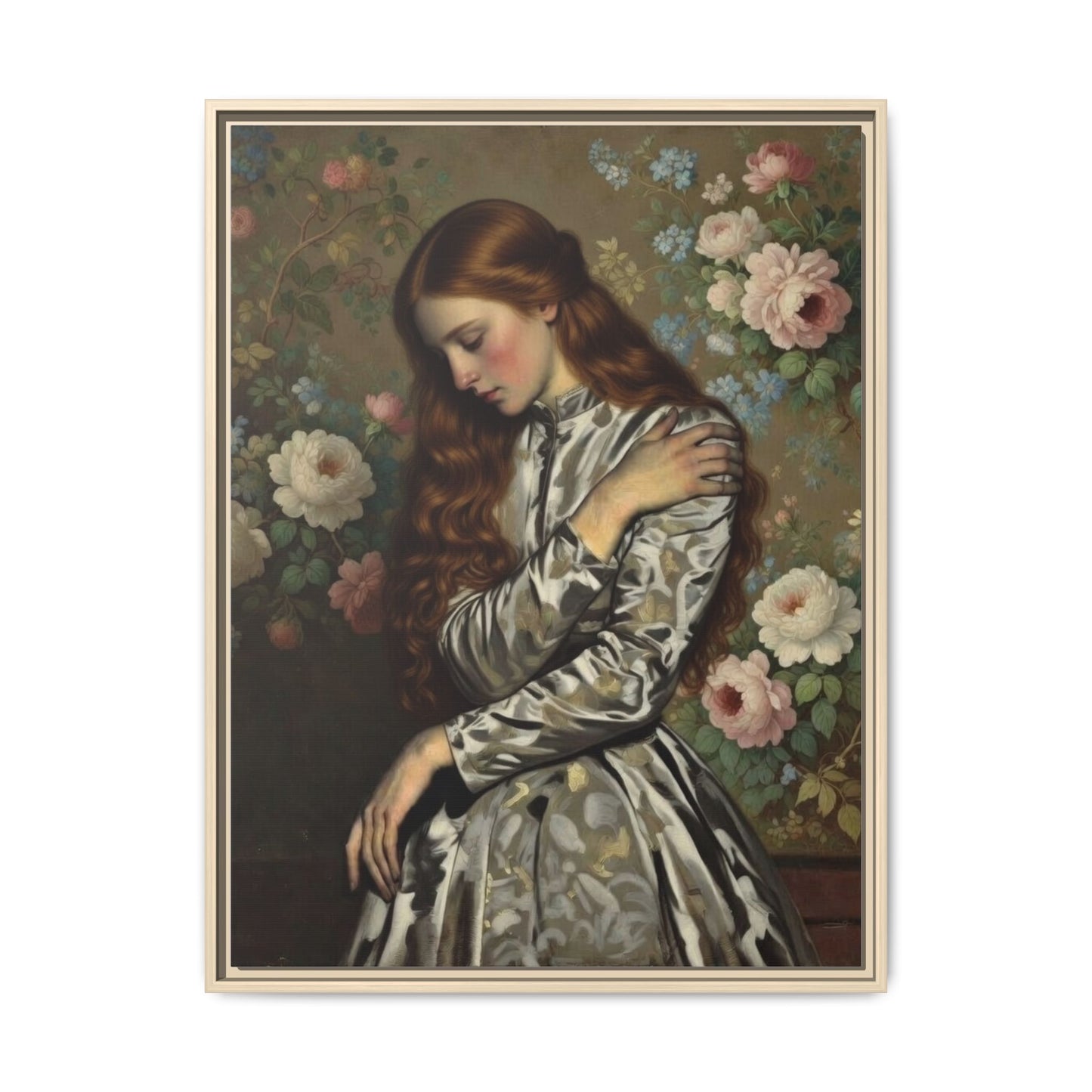 Framed Matte Canvas Art — Vintage Floral Portrait of a Young Woman