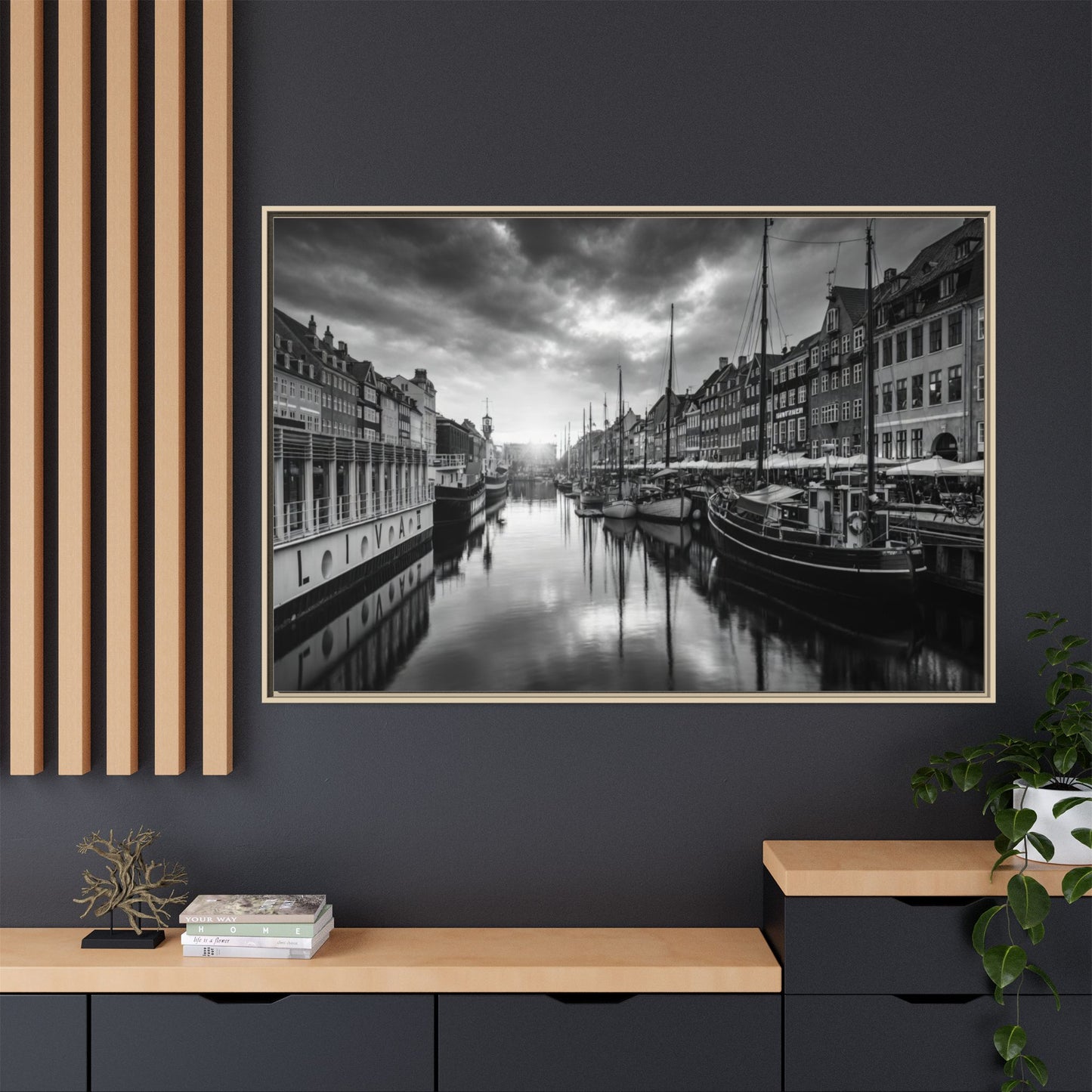 Framed Matte Canvas: Black & White Dutch Canal Photography Wall Art